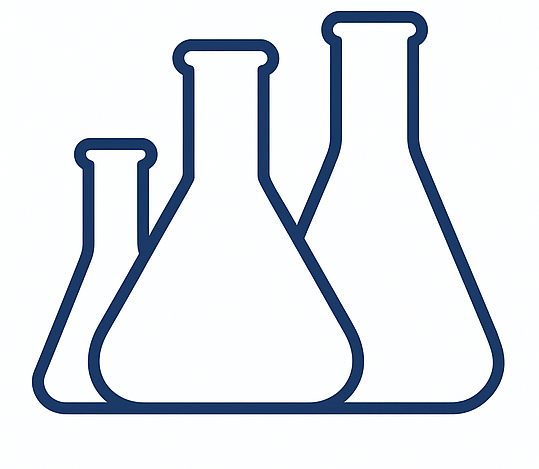 Outline drawing of three laboratory glass flasks with narrow necks and wide bases.