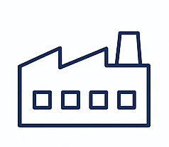 Line drawing of a factory building with four windows and a chimney.