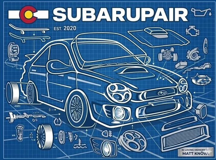 Blueprint-style illustration of a Subaru car with detailed parts like wheels, engine, and accessories, featuring the logo and text 'SUBARUPAIR' and 'Est. 2020'.