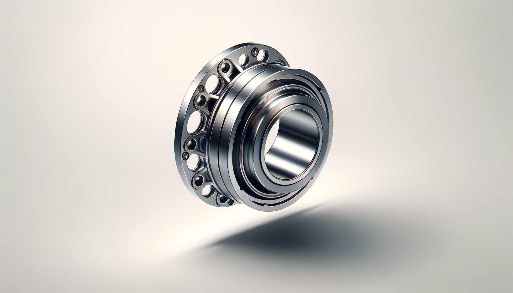 A shiny, metallic ball bearing floating against a plain, light background.