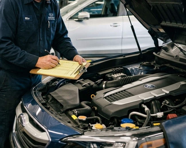 A mechanic writing on a clipboard while inspecting the engine of a blue Subaru vehicle with the hood open.
