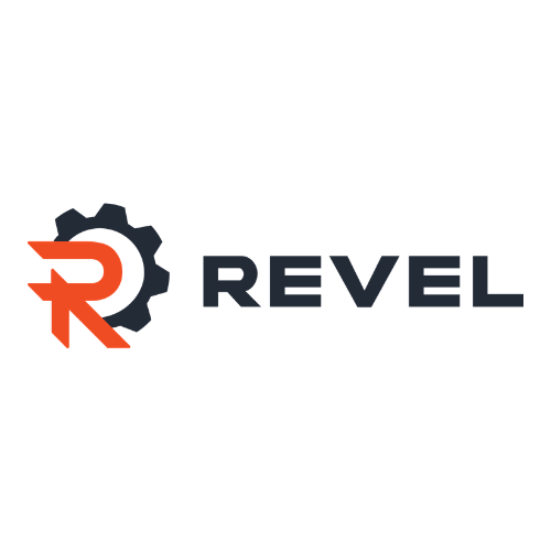 Revel logo with a gear and stylized R in red, and the word 'REVEL' in black on a white background.