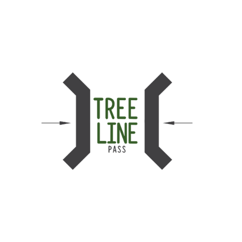 Logo with the words 'Tree Line Pass' in green and gray, surrounded by gray brackets and arrows.