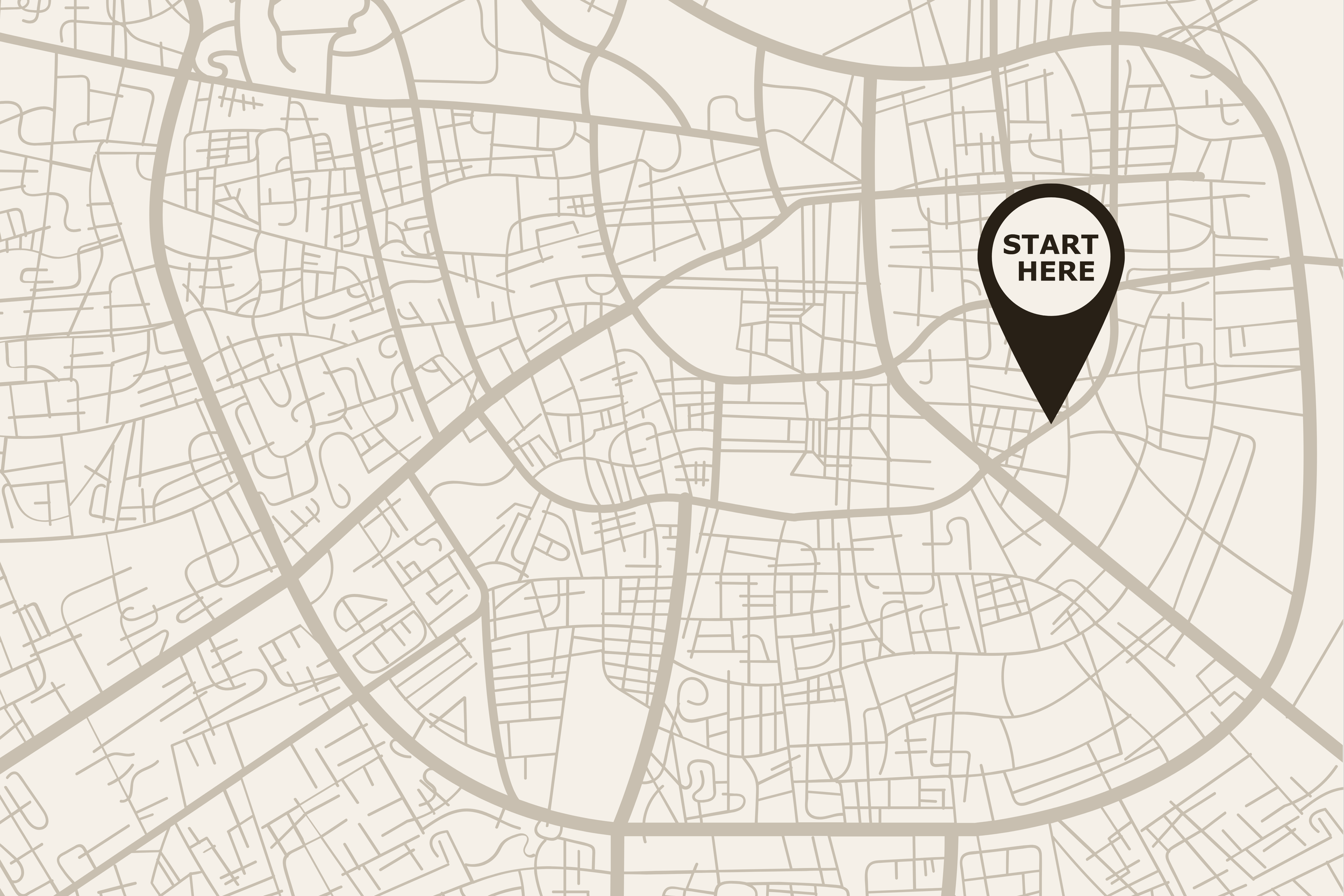 A map with a large black marker indicating the start point labeled 'START HERE'.