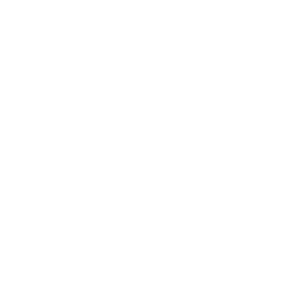 A black and white abstract logo featuring a circular shape with curved, striped lines radiating outward.