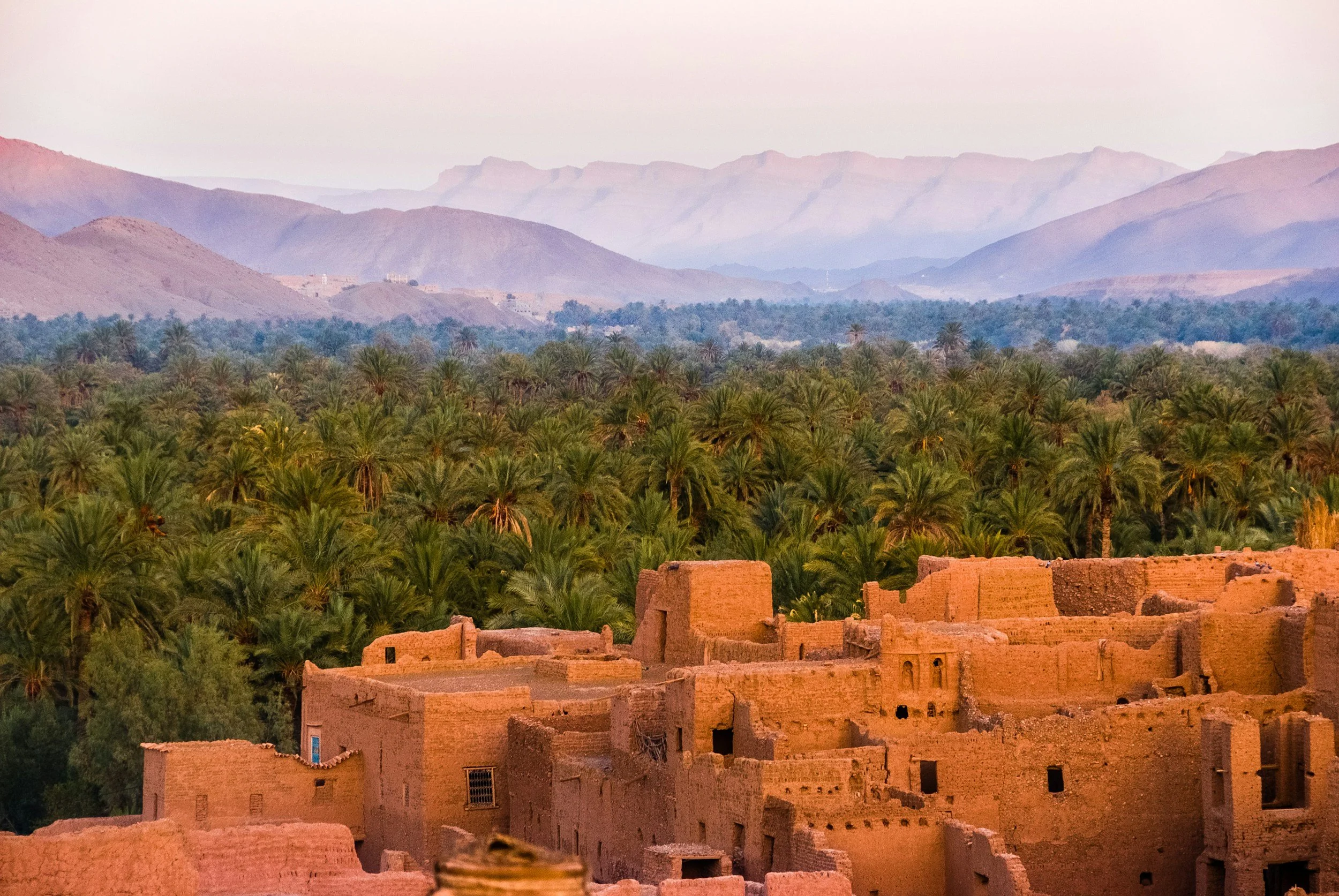 Photograph of ancient cliff dwellings in the foreground, lush green date palm oasis in the middle distance, with mountain ranges in the background, taken during sunset.