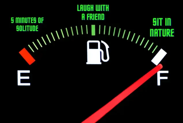 A fuel gauge with a nearly full tank, marked with motivational phrases: 'Sit in Nature,' 'Laugh with a Friend,' and '5 Minutes of Solitude' at different levels.