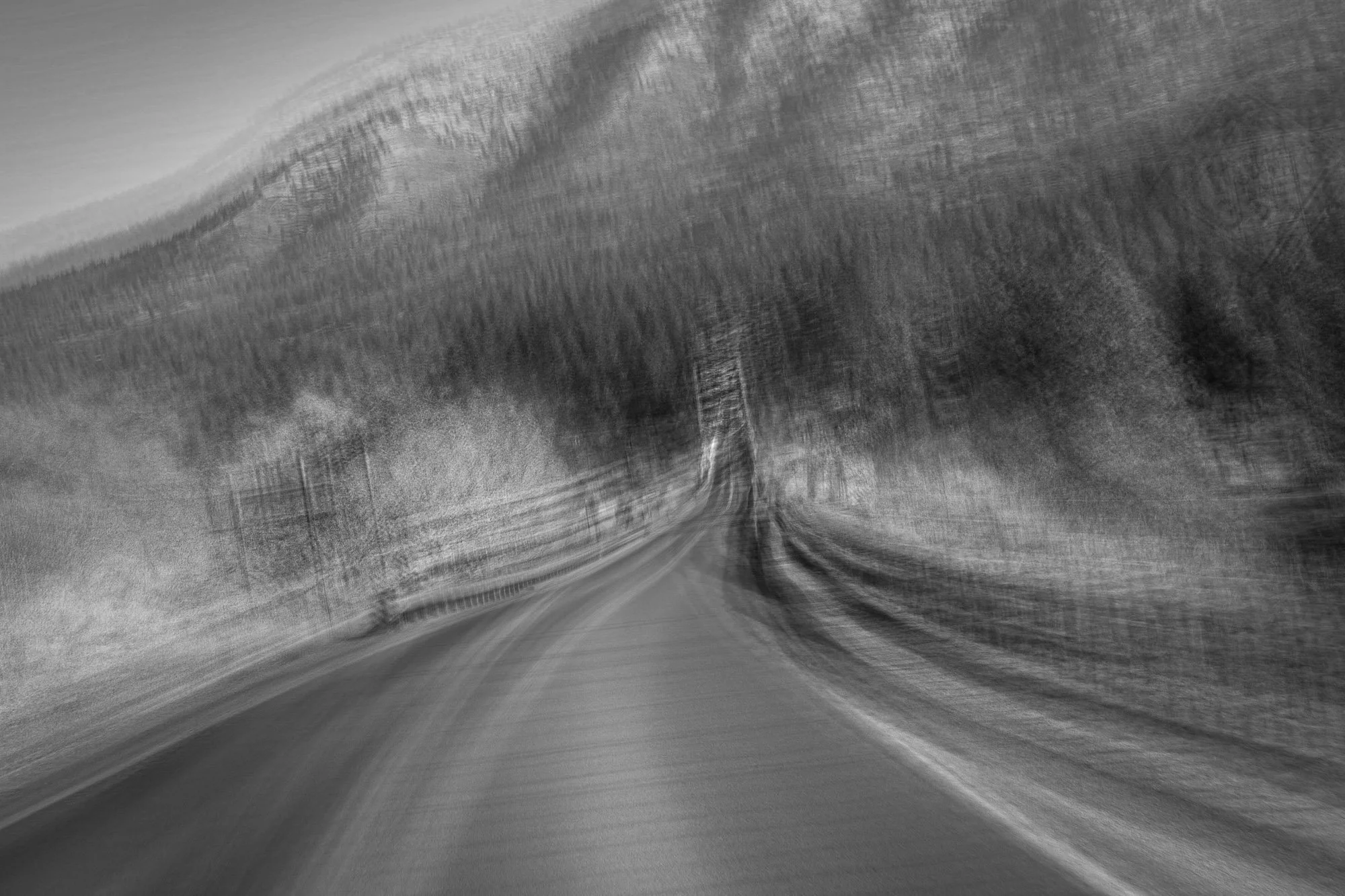 A black and white photo of a winding road going through a landscape with trees on both sides, with a motion blur effect.