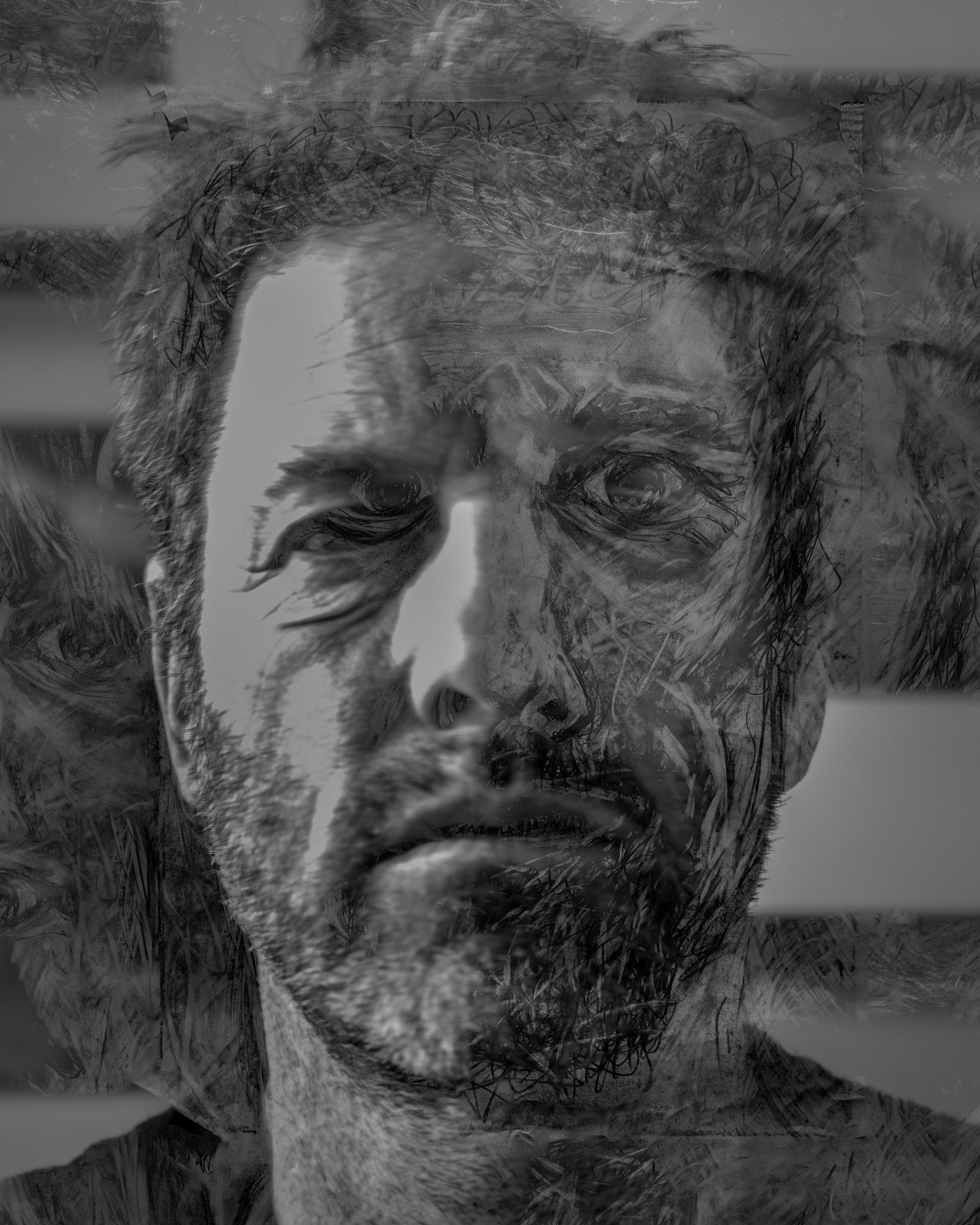 A black and white artistic portrait of a man with a beard, looking directly at the camera with a serious expression.