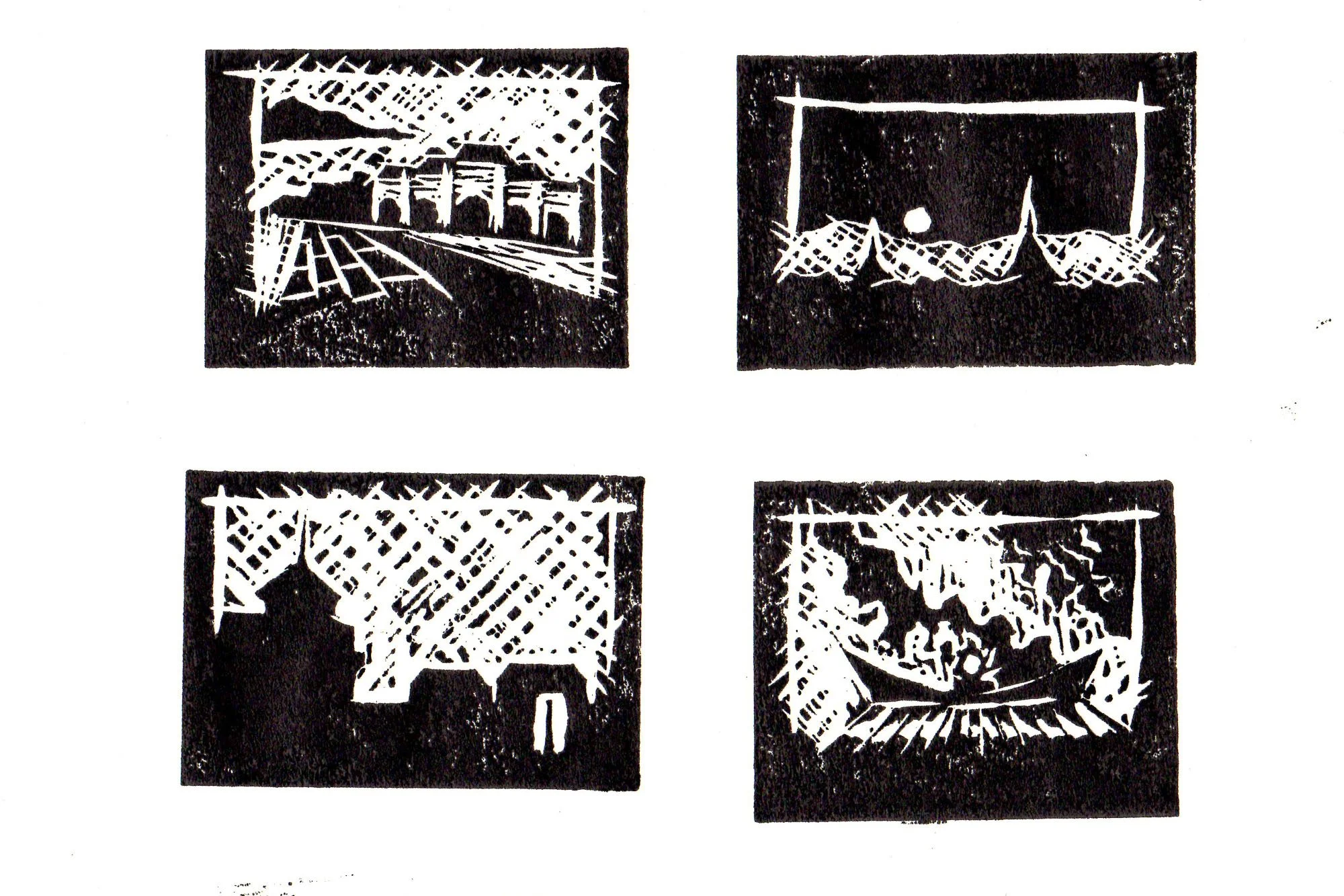Four black-and-white linocut prints, each depicting different outdoor scenes with tents, trees, and structures.