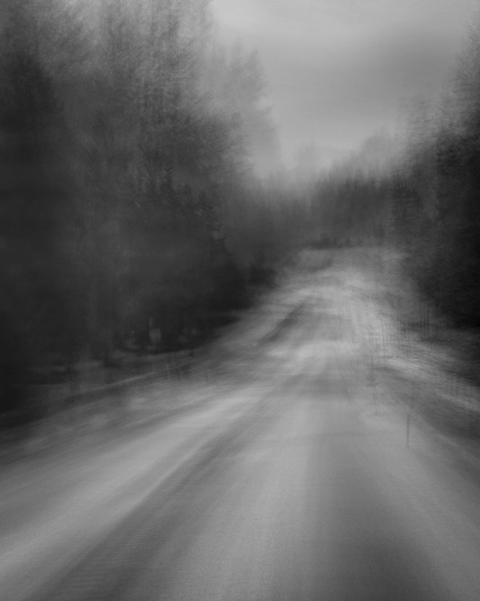 Black and white image of a blurred, winding road surrounded by trees on both sides, with a foggy atmosphere.