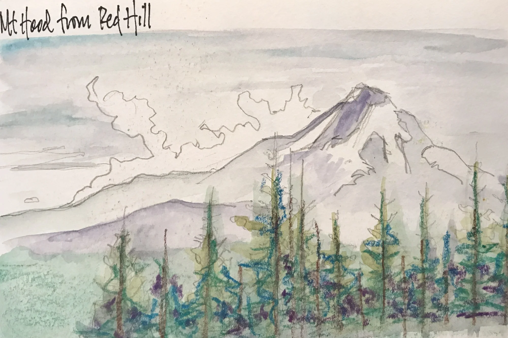 A watercolor sketch of Mount Hood from Red Hill with a cloudy sky, a mountain with snow-capped peaks, and a forest of tall, thin trees in the foreground.