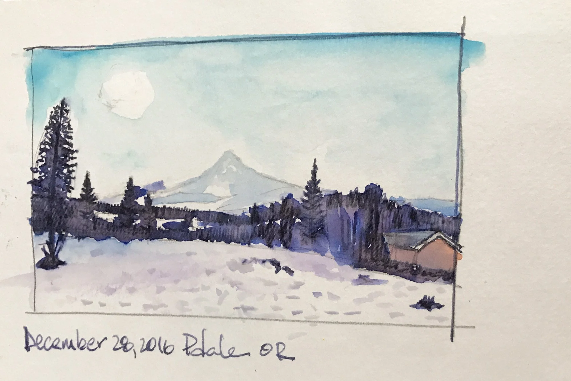 A watercolor painting of mountains, evergreen trees, a snow-covered field, and a small cabin, with a partly cloudy sky and a bright sun, dated December 28, 2016, from the Pathfinder area.