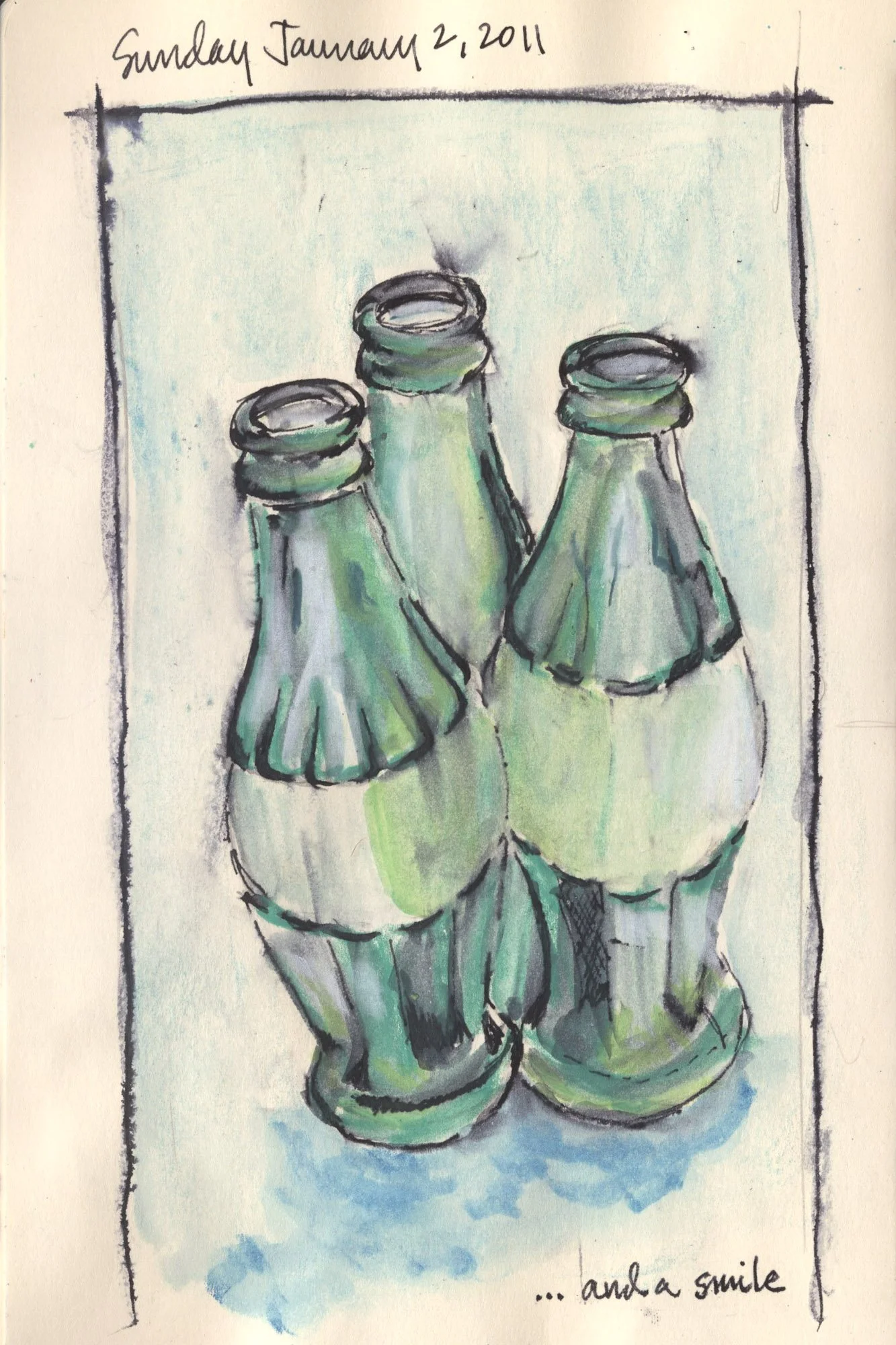 A watercolor painting of three glass bottles placed close together on a light background. The bottles have a greenish tint and are sketched with black outlines. The image is framed in black, with handwritten text at the top reading "Sunday January 2,