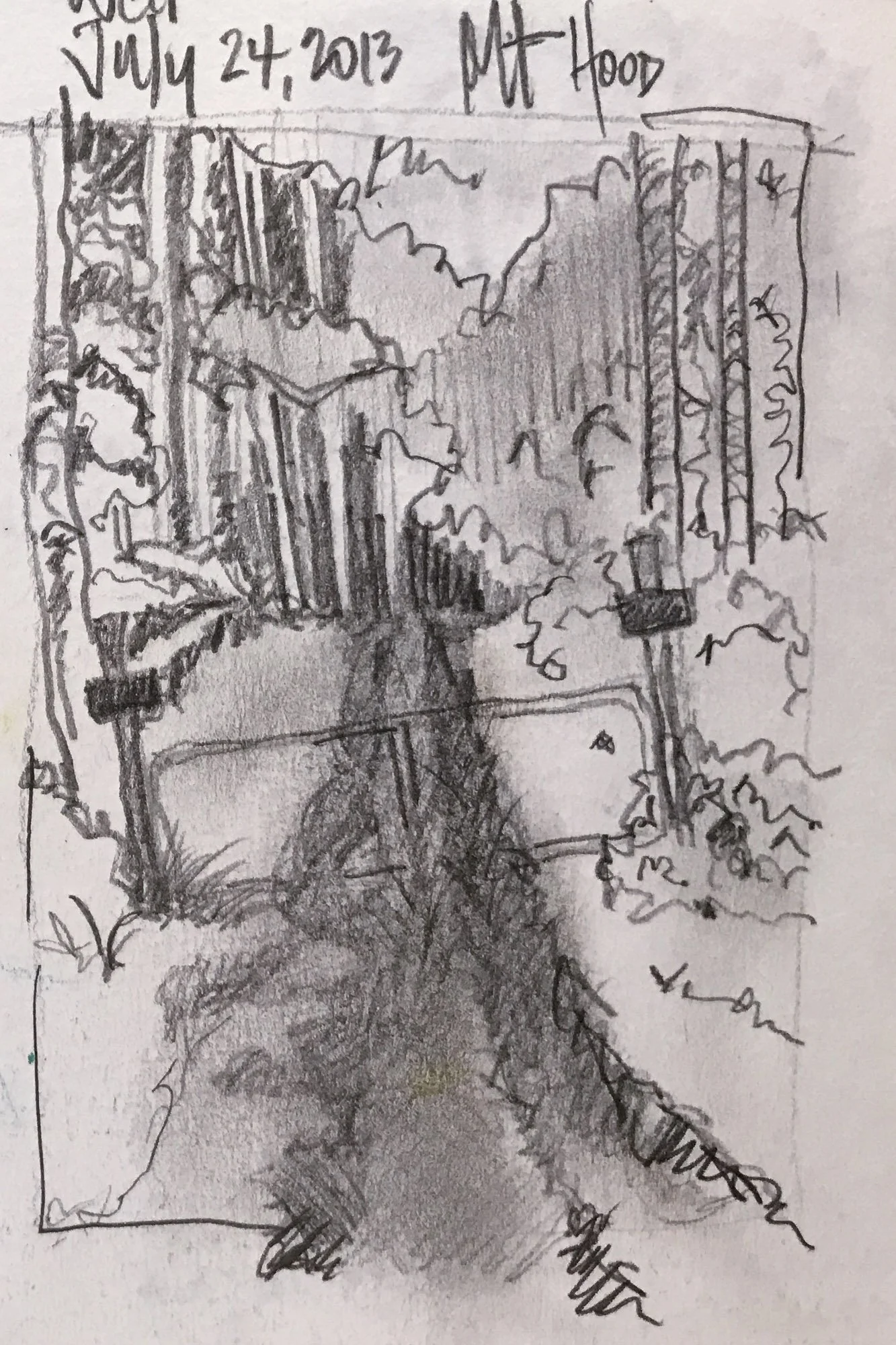 A pencil sketch of a city street scene with trees, buildings, and a lamppost, dated July 24, 2013, with the label 'Mt Hood' written at the top.