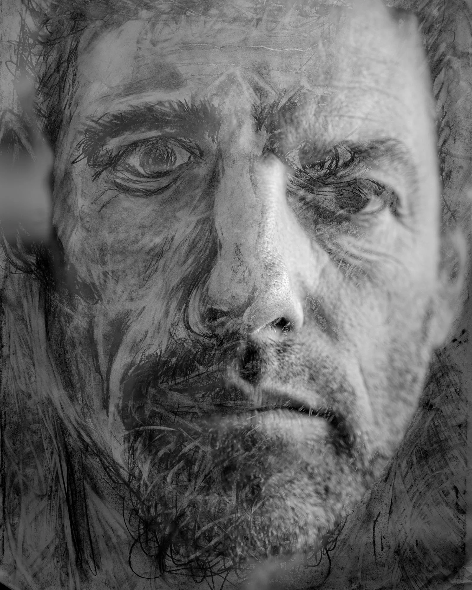 Black and white artistic sketch of a man's face, showing detailed facial features and expressive eyes.
