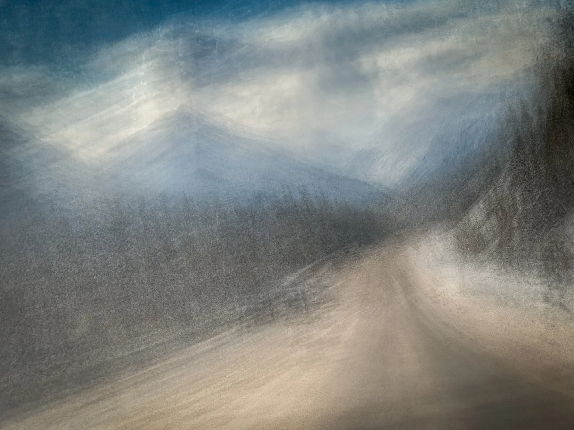 Abstract image with blue, gray, and white swirling colors creating a textured, painterly effect.