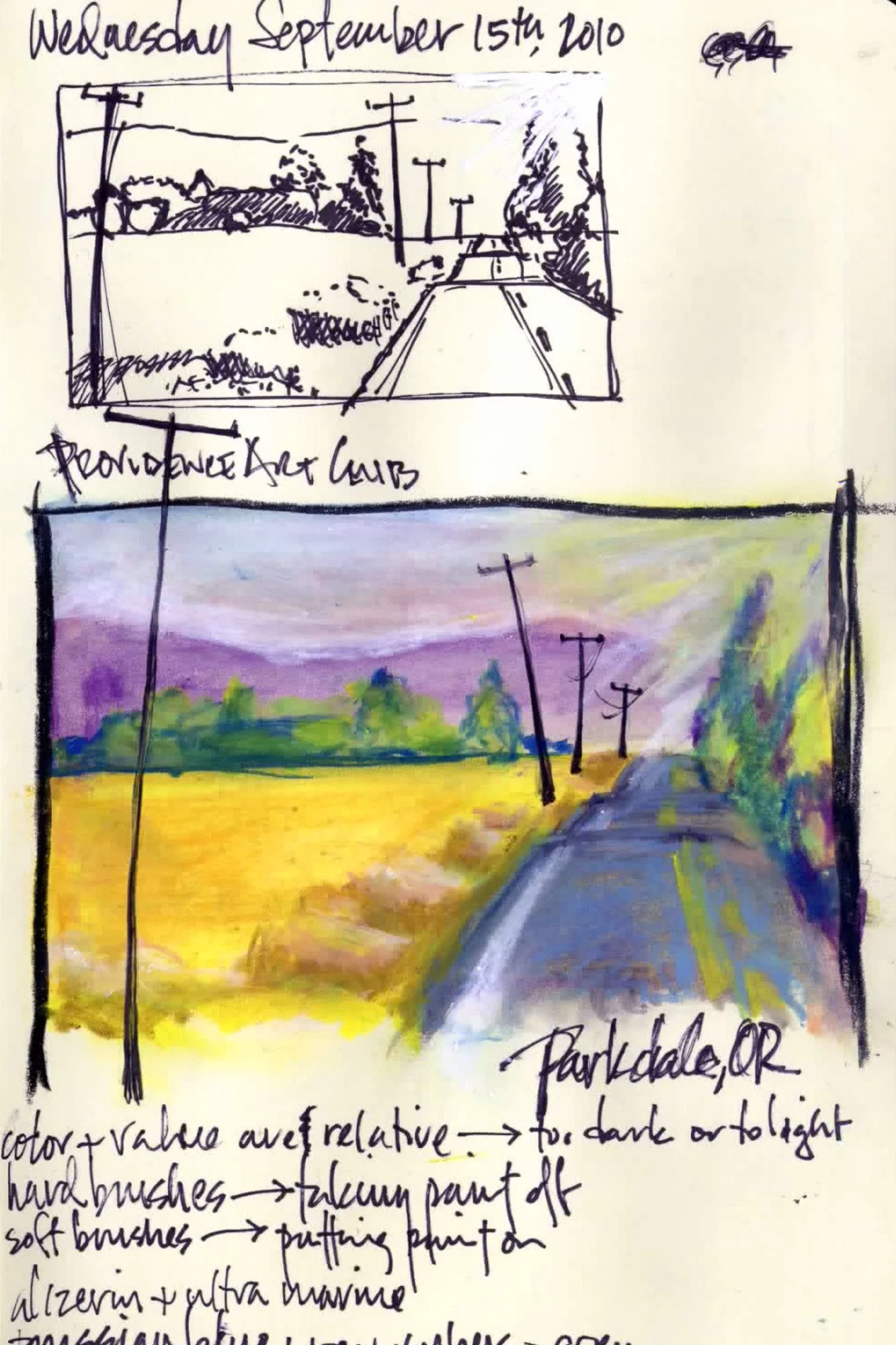 Two landscape sketches, one in black ink and the other painted with watercolor, depicting a rural scene with a road and utility poles. The black ink drawing is labeled 'Wednesday September 15th, 2010' and 'Provo, Utah.' The colorful watercolor sketch