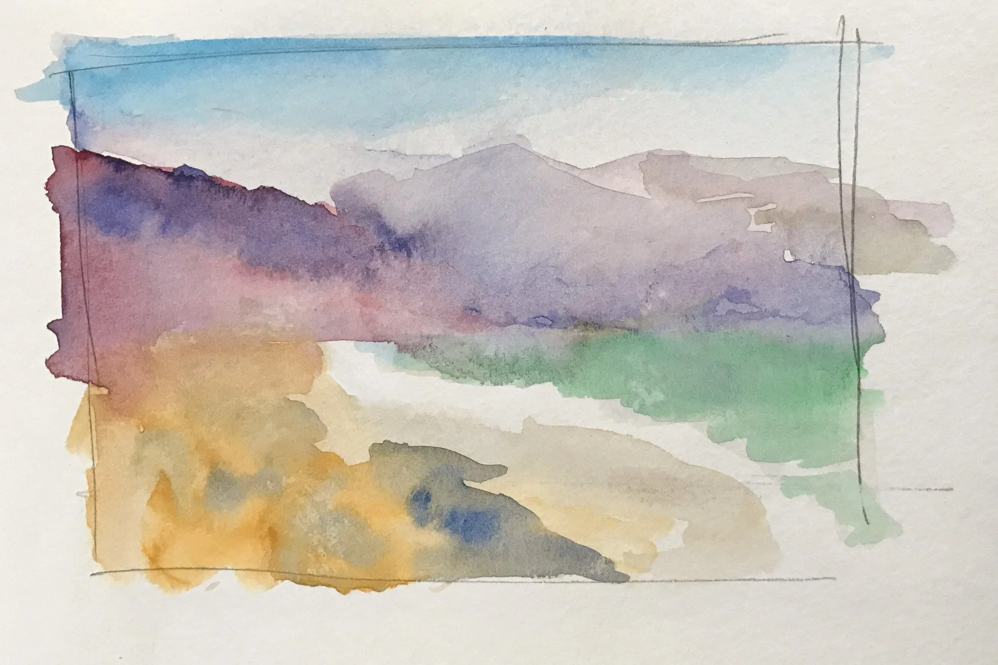 Watercolor landscape of mountains, sky, green land, and a river or path.