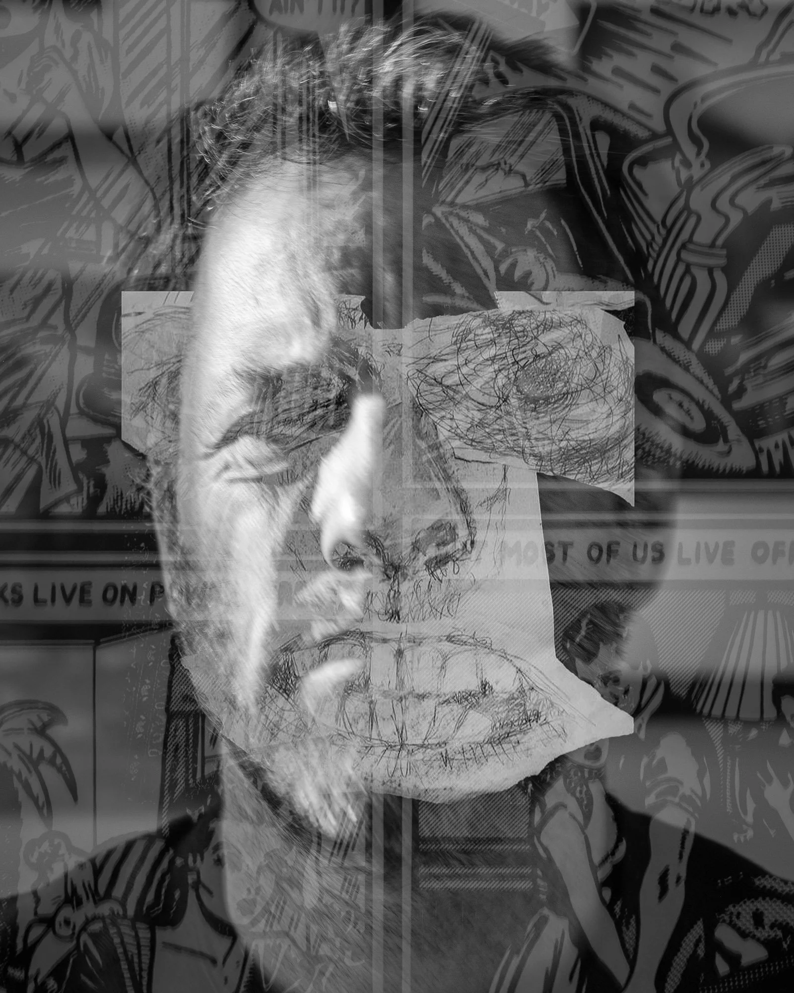 A black and white photo with multiple overlapping images, including a person's face, a hand-drawn sketch of a face, and various abstract and comic-style artwork.