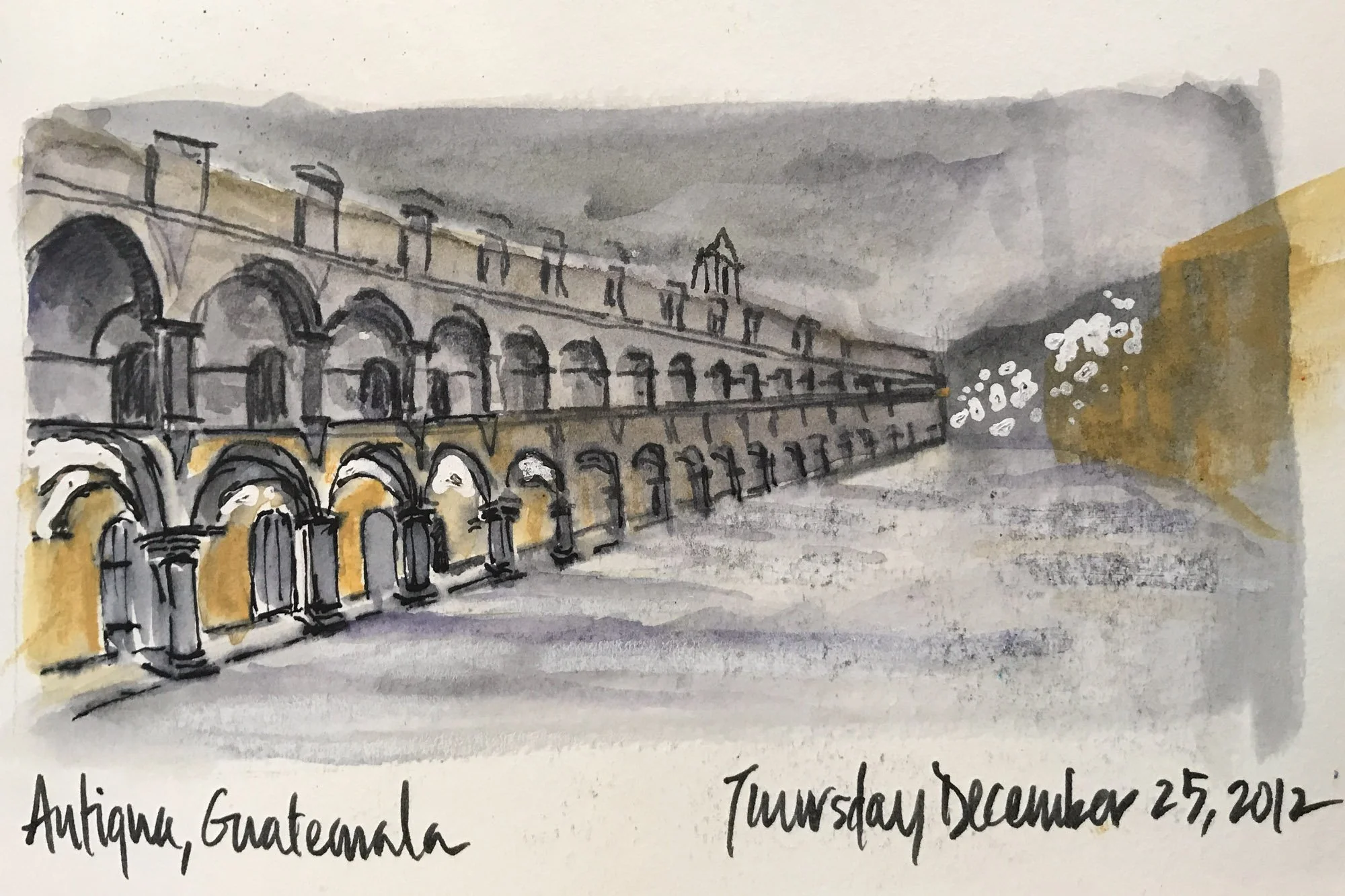 A watercolor painting of an ancient stone aqueduct in Antigua, Guatemala, with multiple arches, under a gray cloudy sky, and a distant yellow building on the right. The bottom left includes handwritten text: "Antigua, Guatemala" and the bottom right 