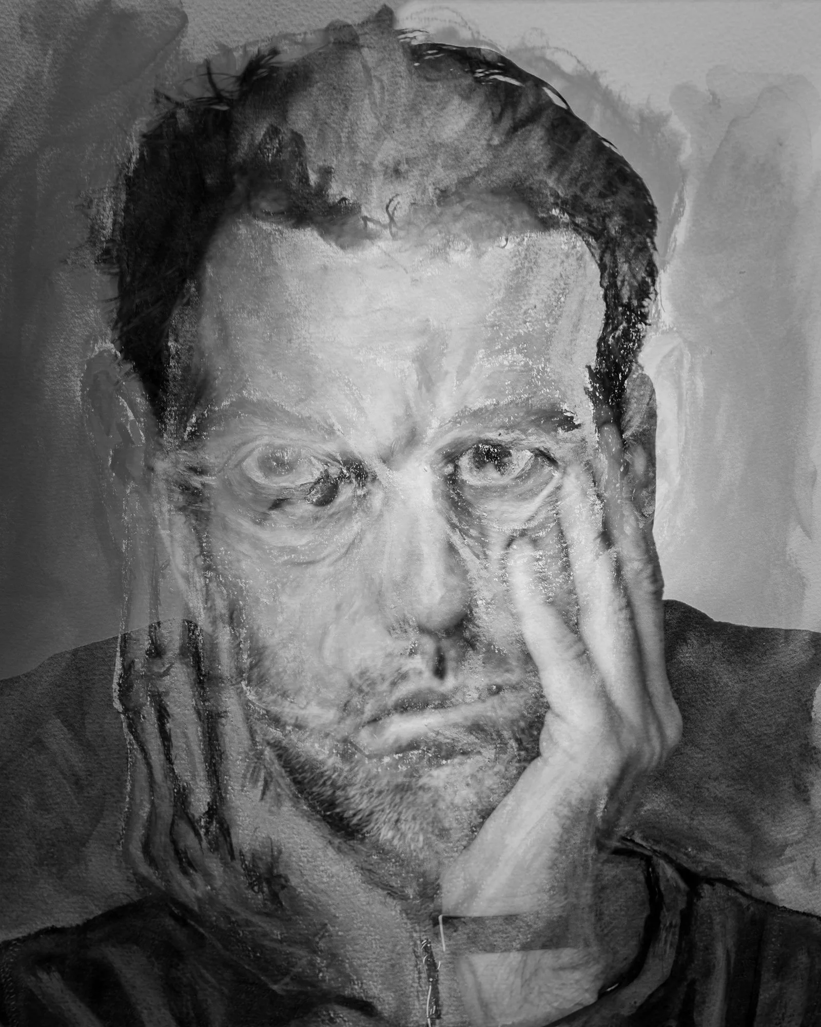 A black and white watercolor painting of a man with short hair, resting his face in his hands, looking directly forward.