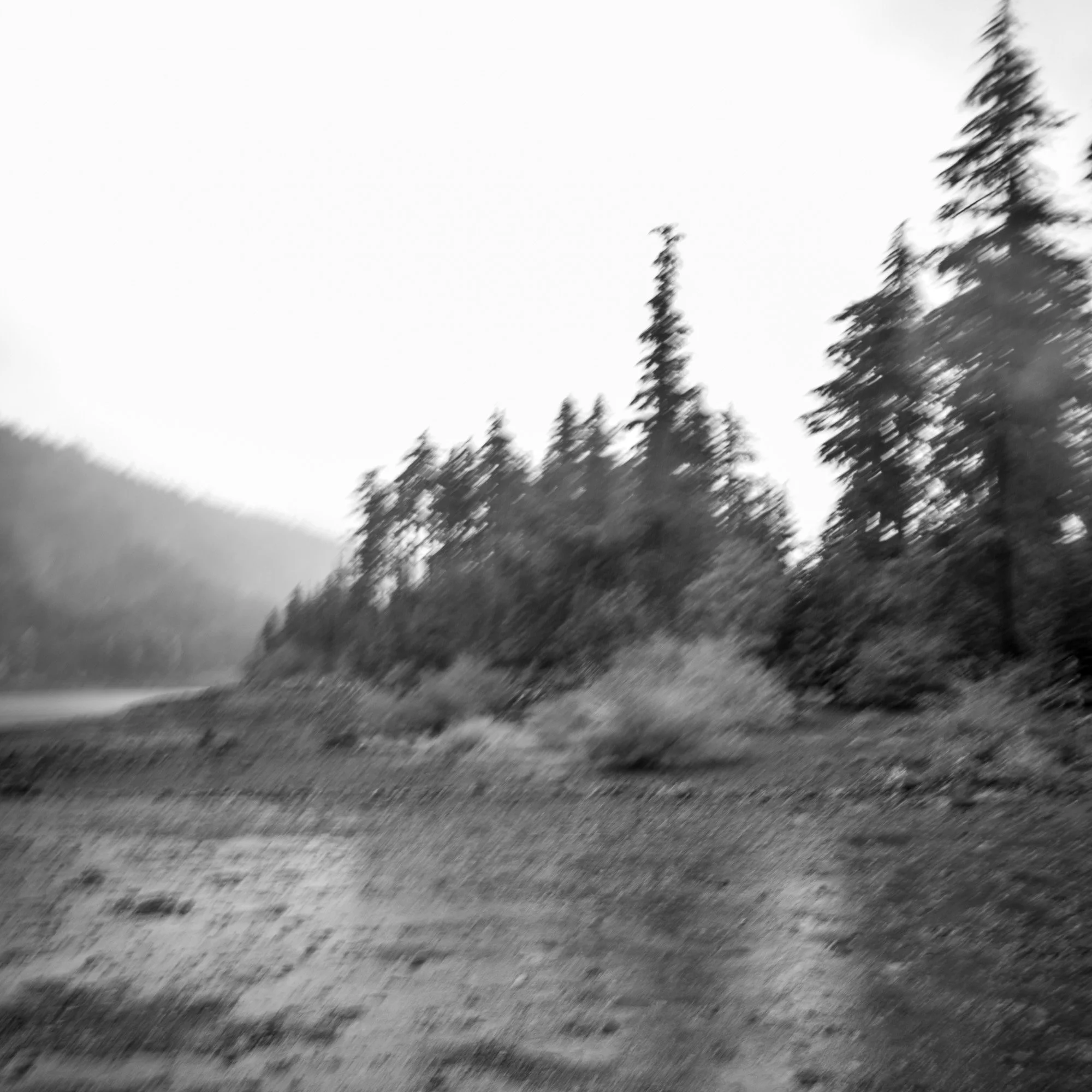 Black and white photo of a rugged outdoor landscape with a dirt or gravel road, trees, and hills in the background.