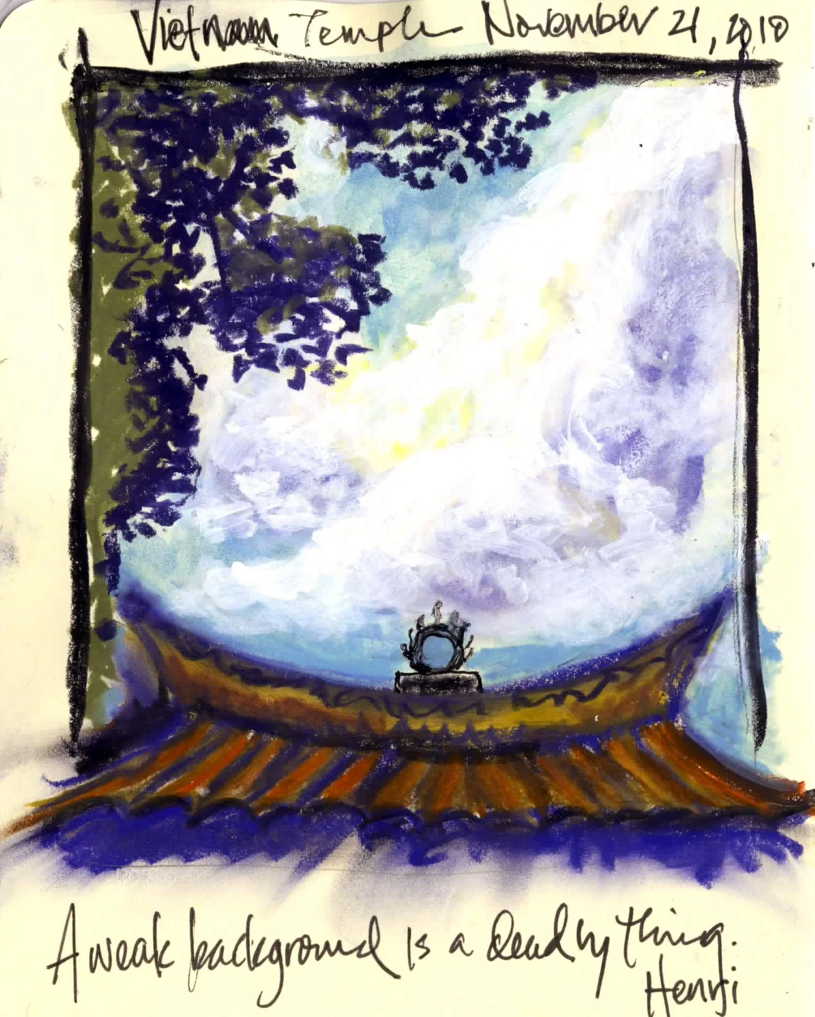 Painting of a scene at Vietnam Temple dated November 24, 2010. The scene includes a large tree with dark purple leaves on the left, a cloudy sky with shades of blue, purple, and yellow at the top, and a building with a tiled roof at the bottom. In th