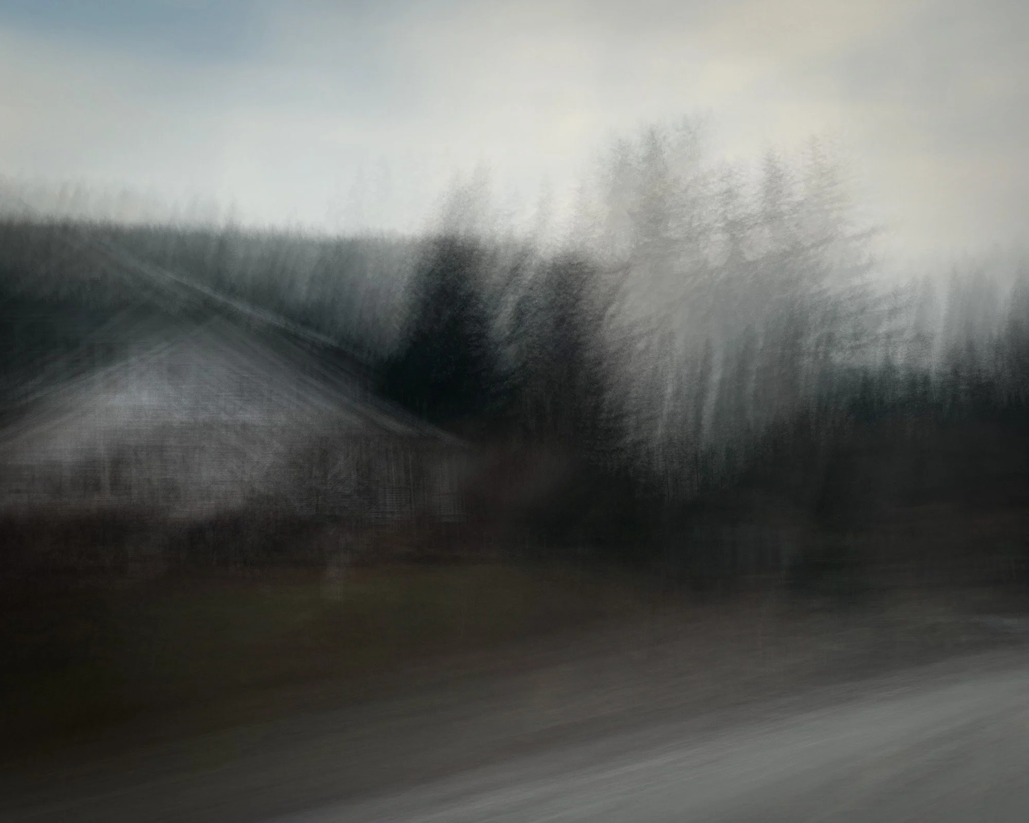 A blurry, abstract photo of houses and trees on a cloudy day.