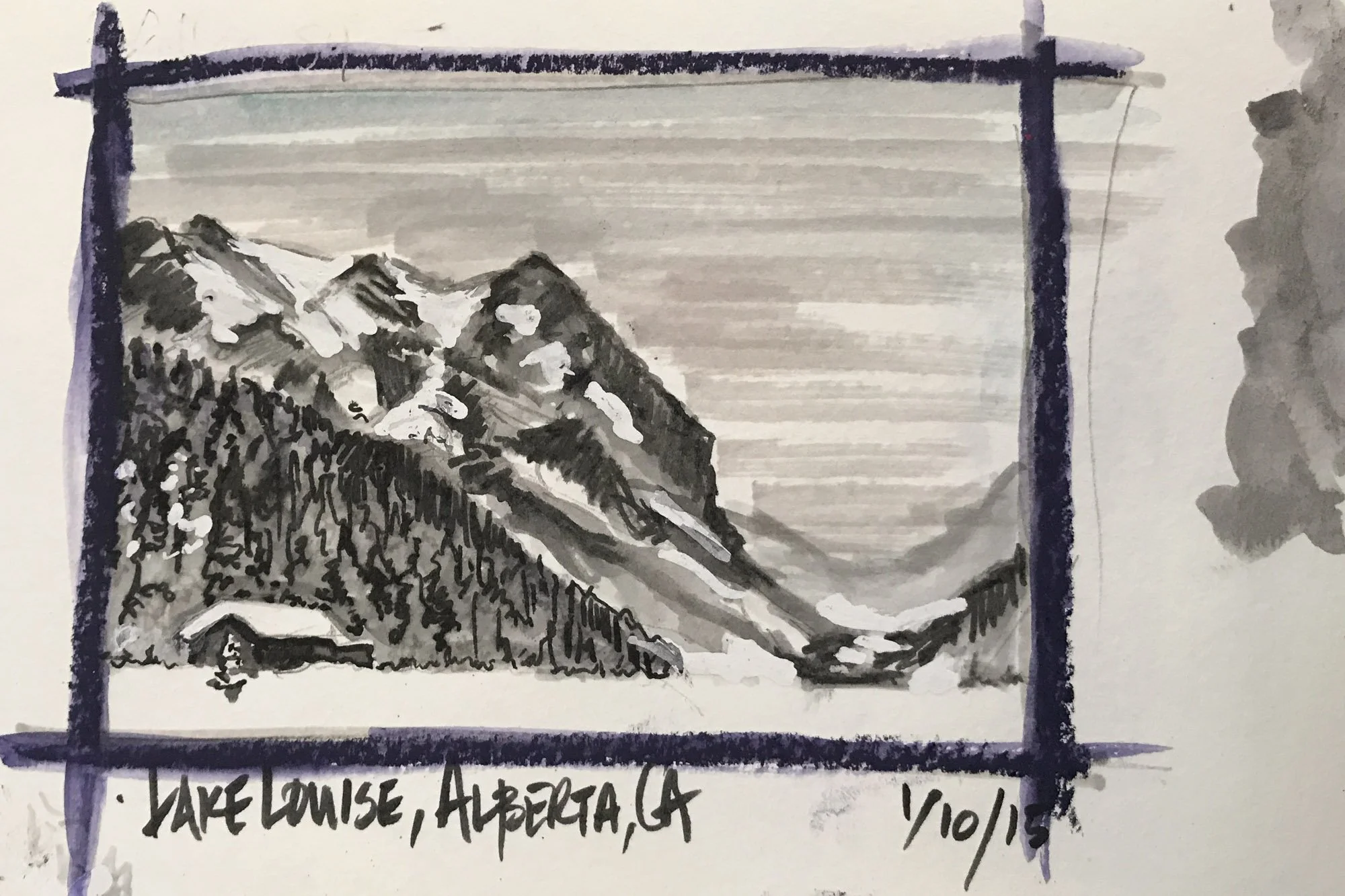 A monochrome watercolor painting of a mountain landscape in Lake Louise, Alberta, Canada, featuring snow-capped peaks, rocky slopes, and a forested area at the base.