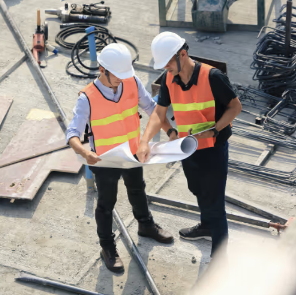 Two construction workers wearing white hard hats and orange safety vests reviewing blueprints on a construction site with tools and materials around them.