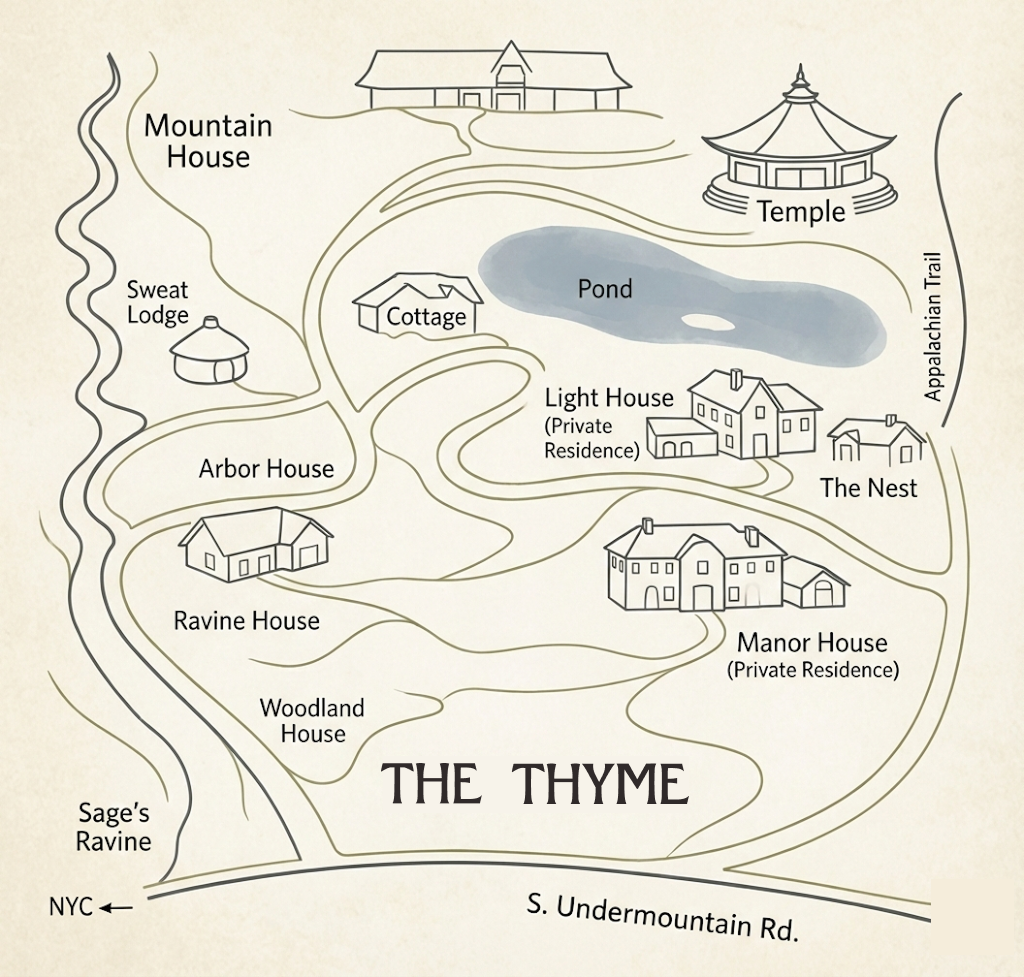 Map of The Thyme area showing various buildings and landmarks including Mountain House, Sweat Lodge, Arbor House, Ravine House, Woodland House, Sage's Ravine, Café, Cottage, Pond, Light House, The Nest, Manor House, and Temple, with trails and roads.