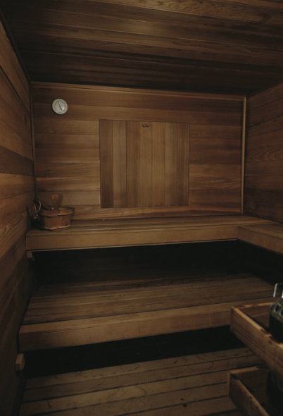 Interior of a wooden sauna The Thyme Retreat Center, Salisbury, Connecticut
