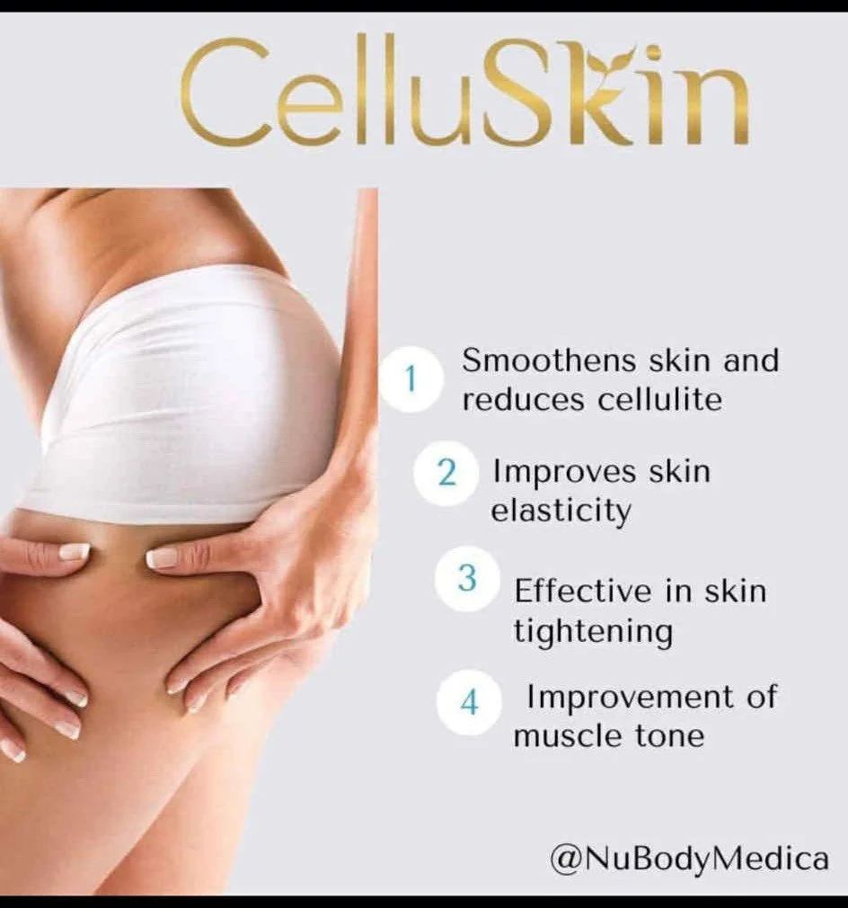 An advertisement for CelluSkin, showing a close-up of a woman’s midsection with hands on her waist, highlighting skin benefits. Text lists four benefits: 1. Smoothens skin and reduces cellulite, 2. Improves skin elasticity, 3. Effective in skin tightening, 4. Improvement of muscle tone.