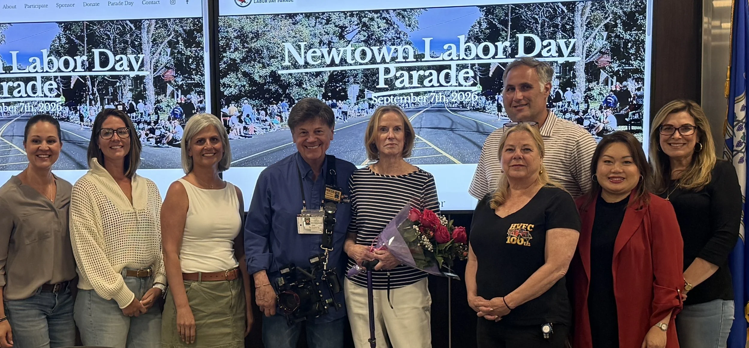 2026 Newtown Labor Day Parade Grand Marshal, Bill Glass, his wife and the 2026 parade committee