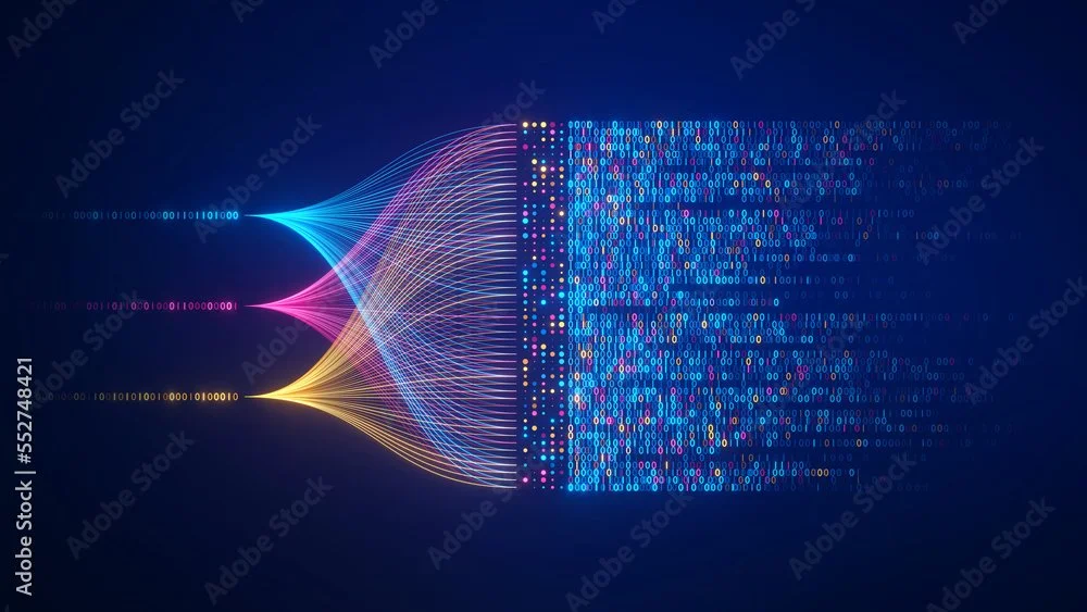 Digital illustration of data transfer, showing colorful flowing lines connecting binary code to a matrix of 1s and 0s.
