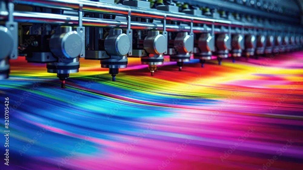 A large industrial printer producing vibrant, rainbow-colored printouts.