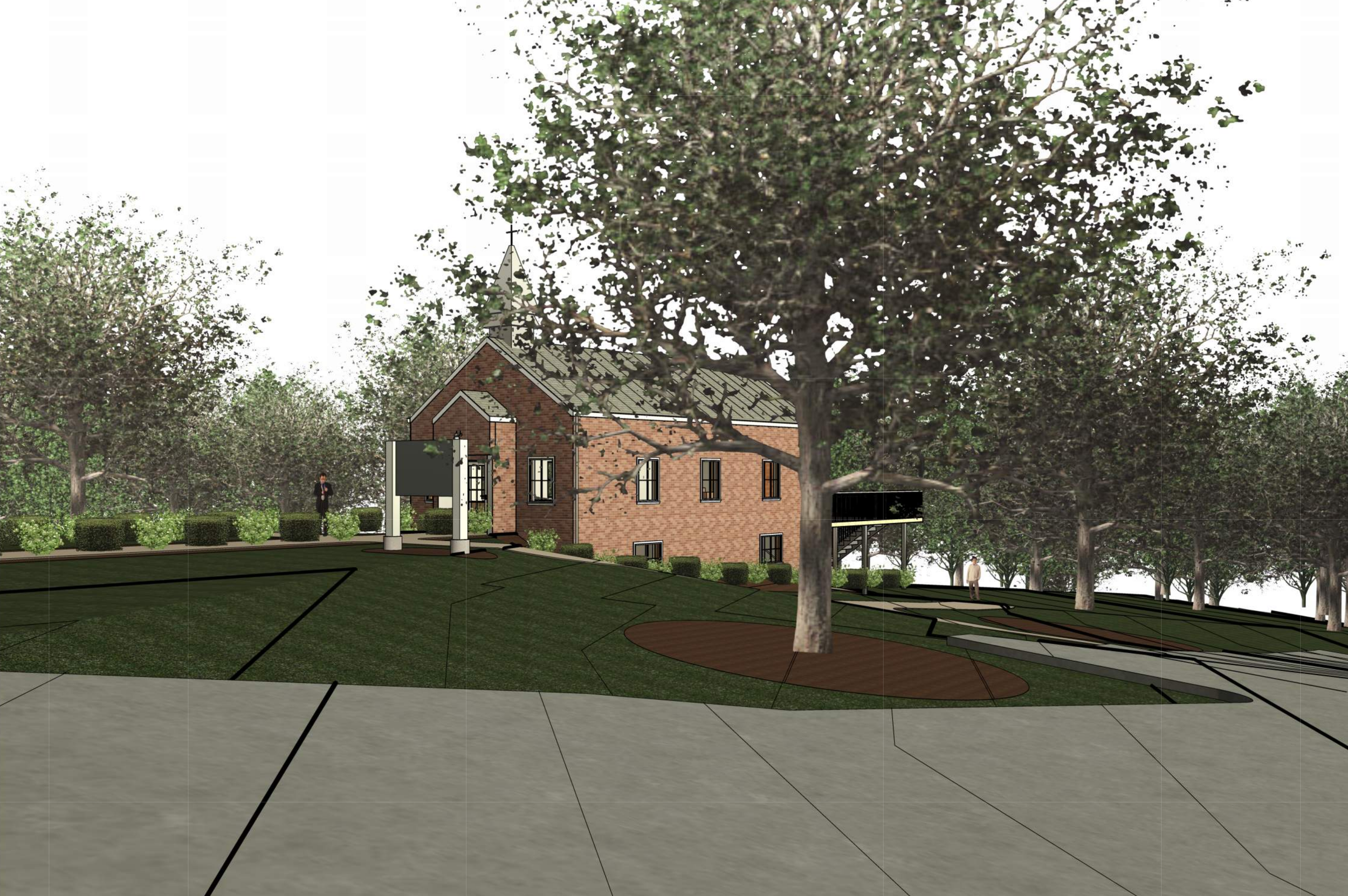 Architectural rendering of a brick church with trees and landscaping in the foreground.