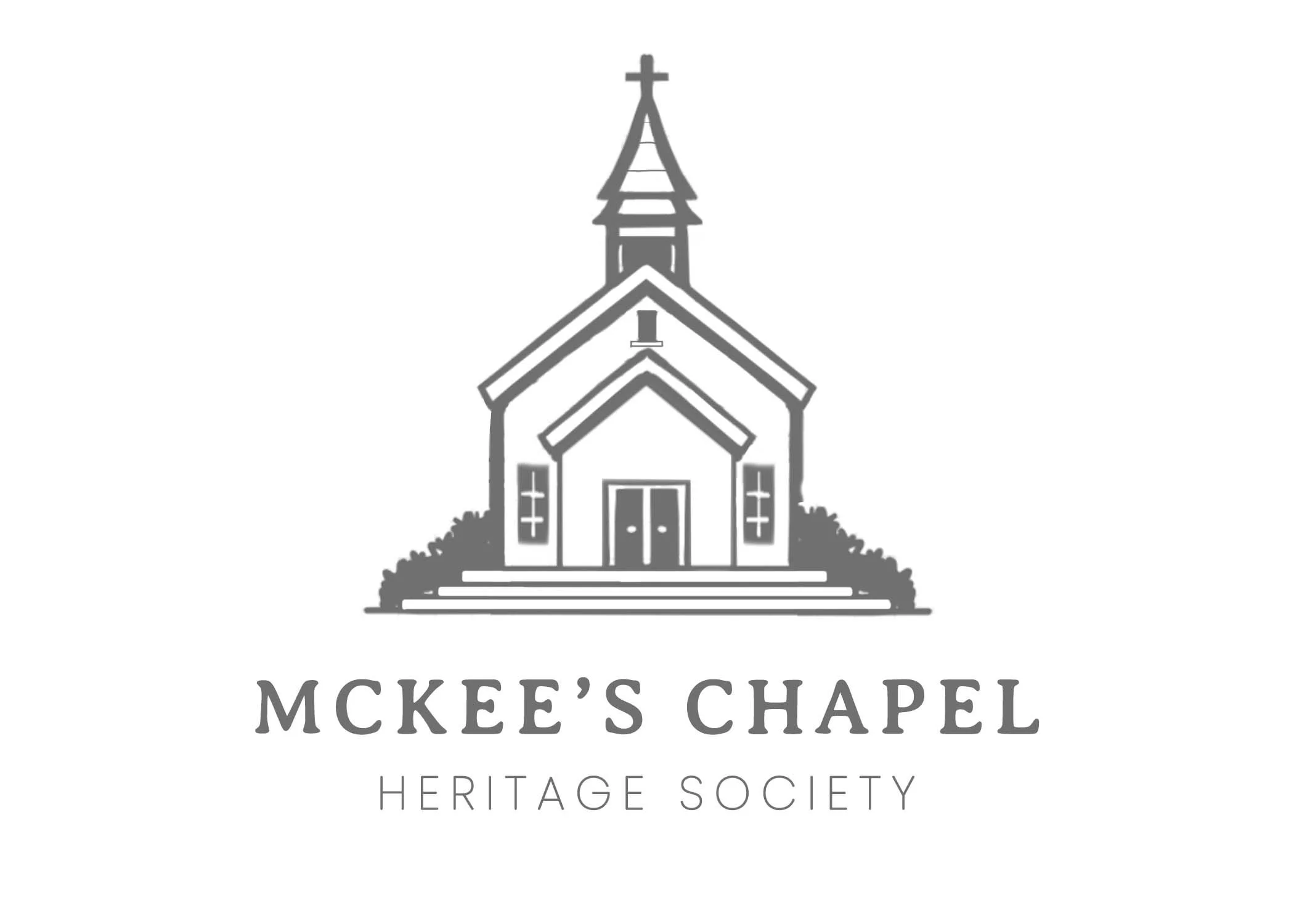 Drawing of McKee's Chapel, a small church with a steeple, steps leading to the entrance, and bushes on either side, accompanied by the text 'McKee's Chapel Heritage Society'.