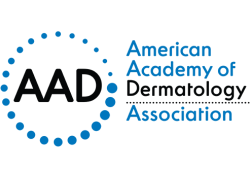 Logo of the American Academy of Dermatology Association with text and a dotted circle
