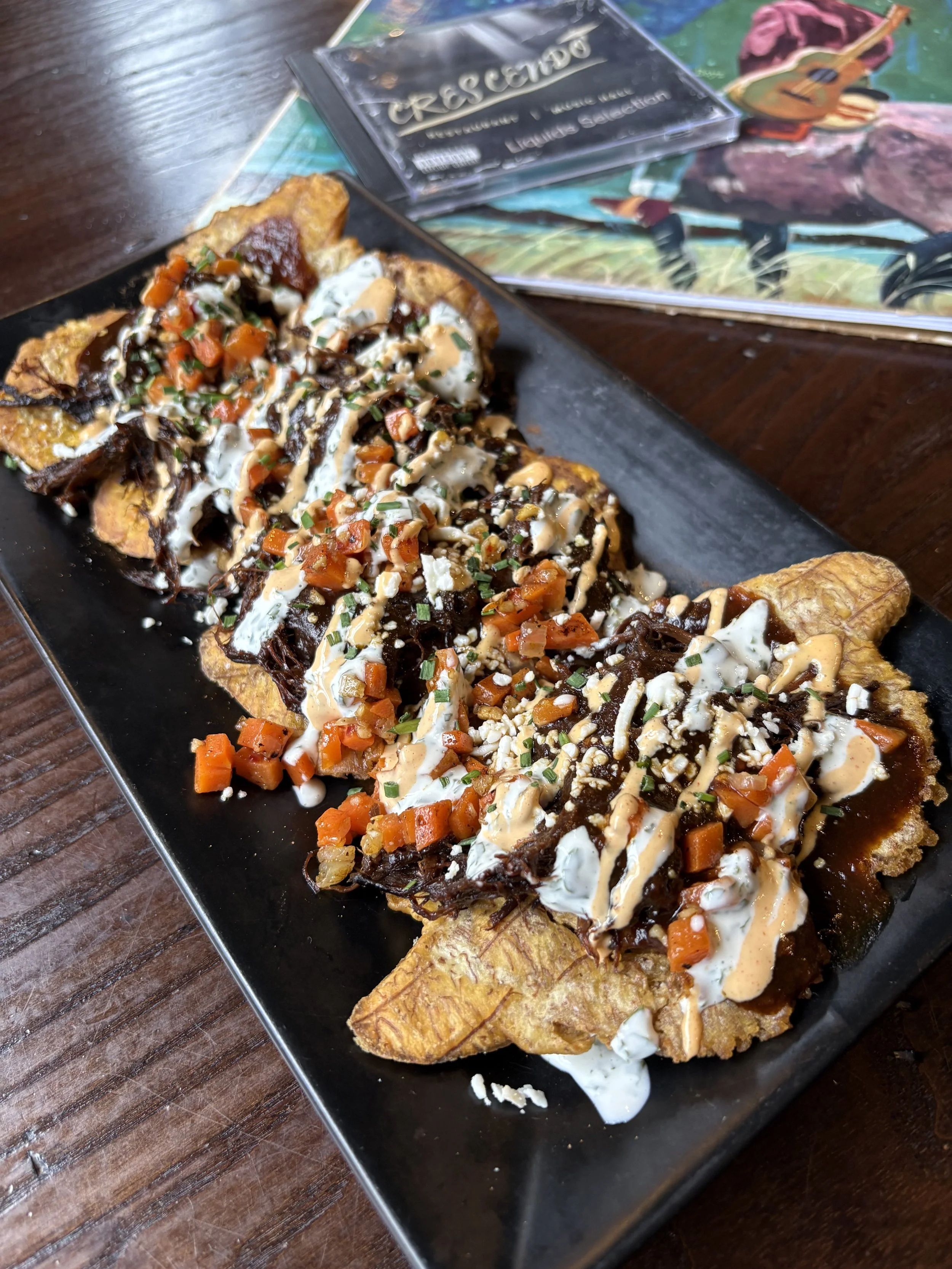 A plate of loaded nachos topped with cheese, sour cream, diced tomatoes, chopped chives, and other toppings on a dark rectangular plate, with a colorful book and a wooden surface nearby.