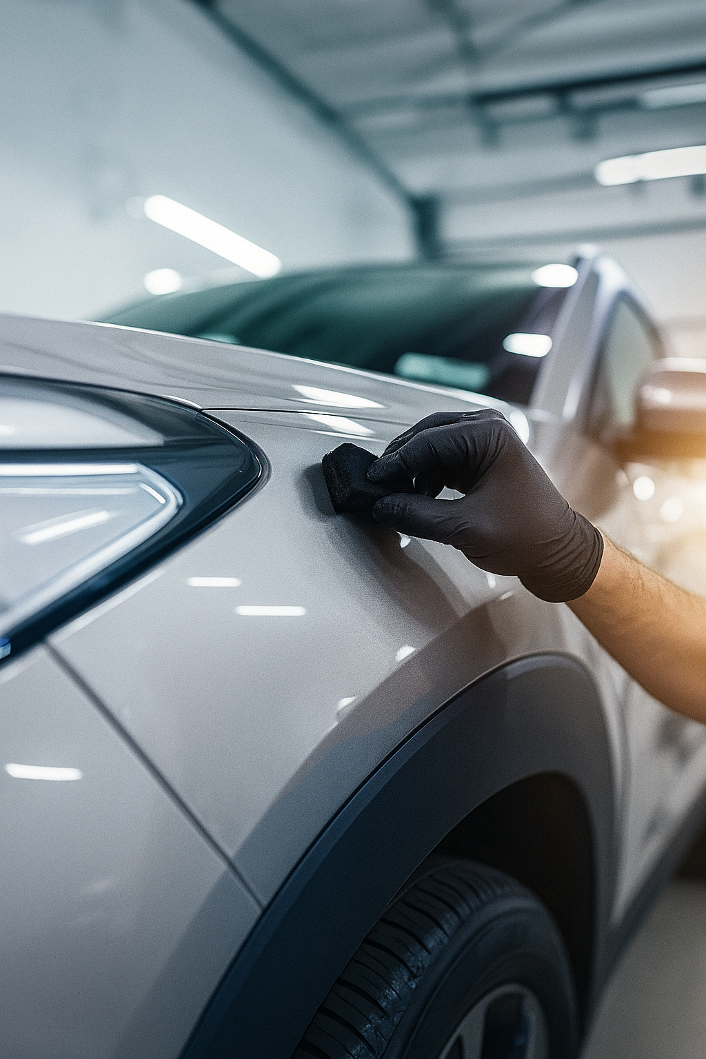 Close-up of a person wearing a black glove cleaning or detailing the hood of a silver SUV in an indoor garage.