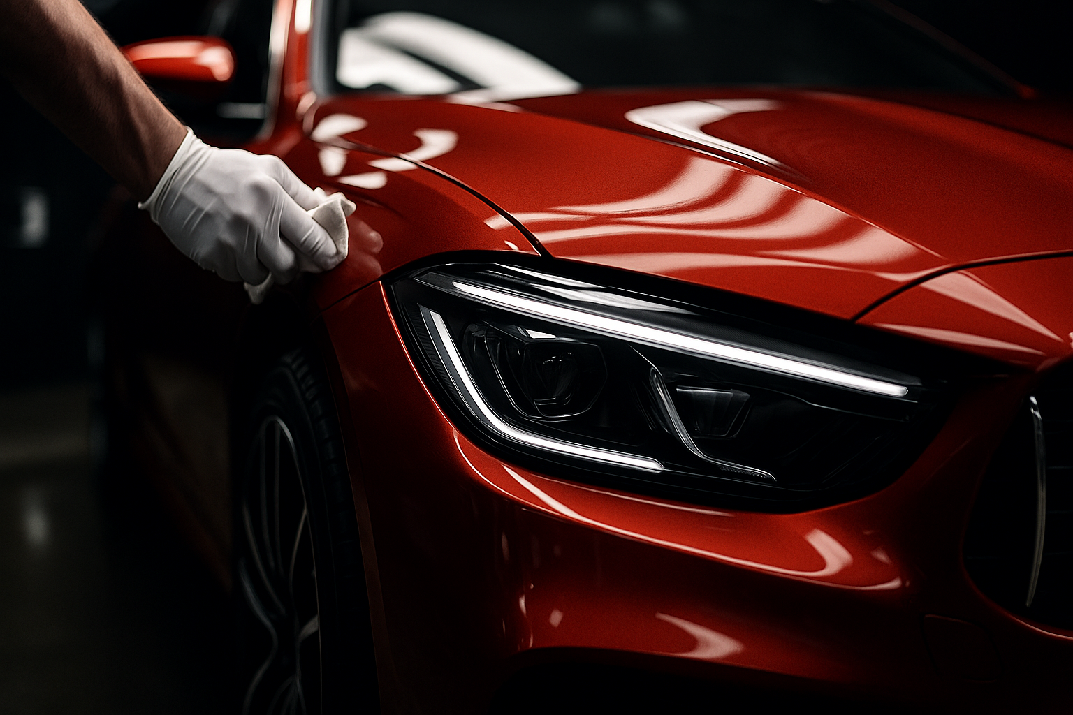 Person in black gloves polishing the glossy red surface of a sports car.