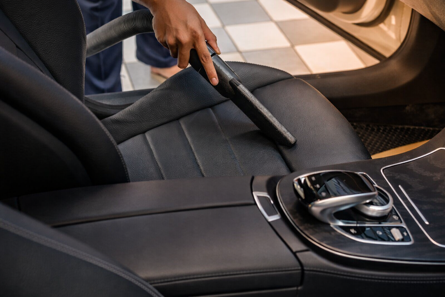 A matte black Ford truck parked in front of a modern house with a brick and beige exterior under a clear blue sky.