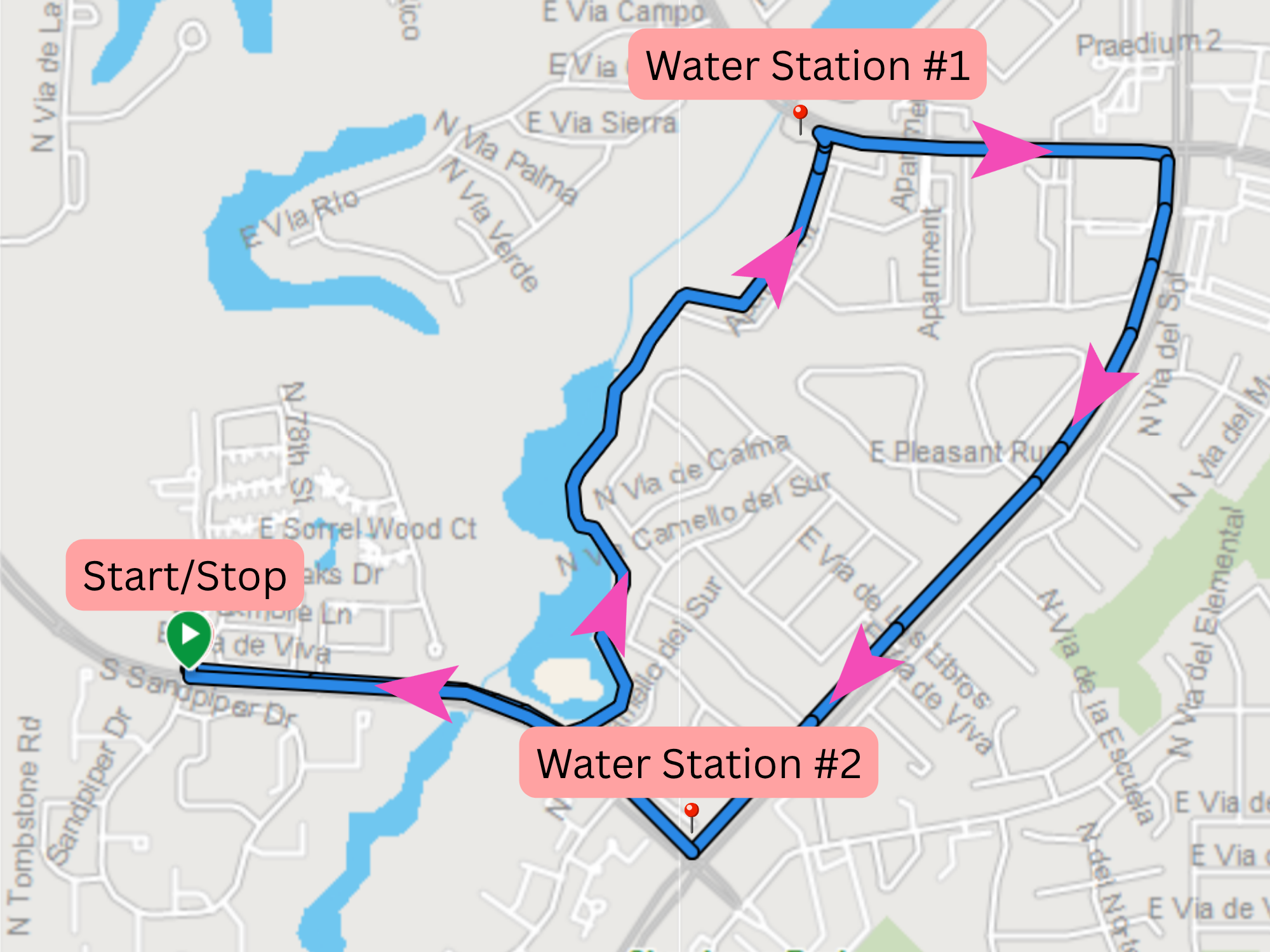 Map illustrating a cycling route starting at a green marker labeled Start/Stop, passing two water stations and surrounded by streets and lakes.