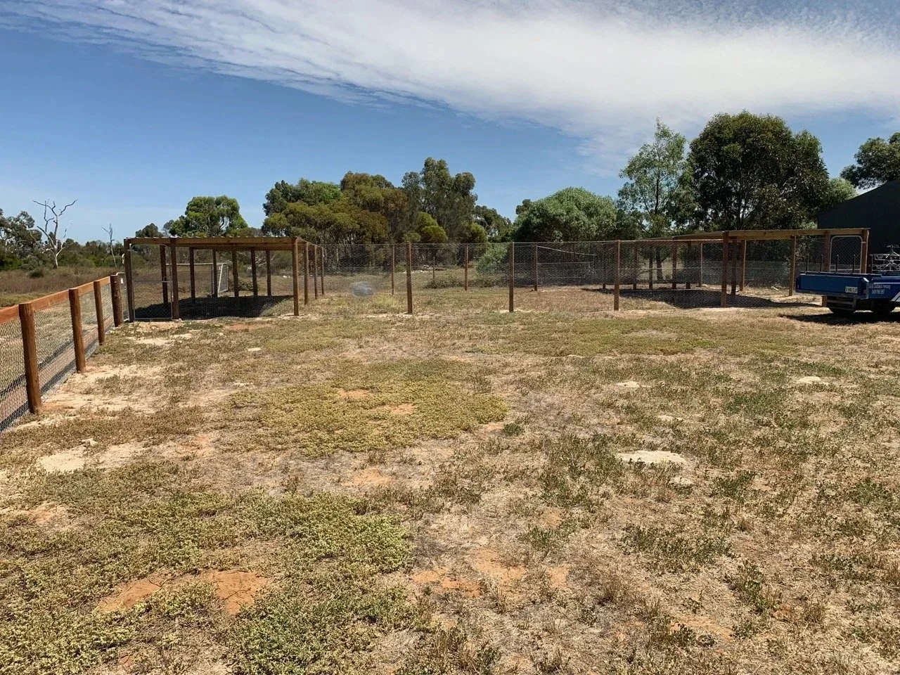 A fenced outdoor enclosure with multiple sections, surrounded by trees and a blue sky with clouds.