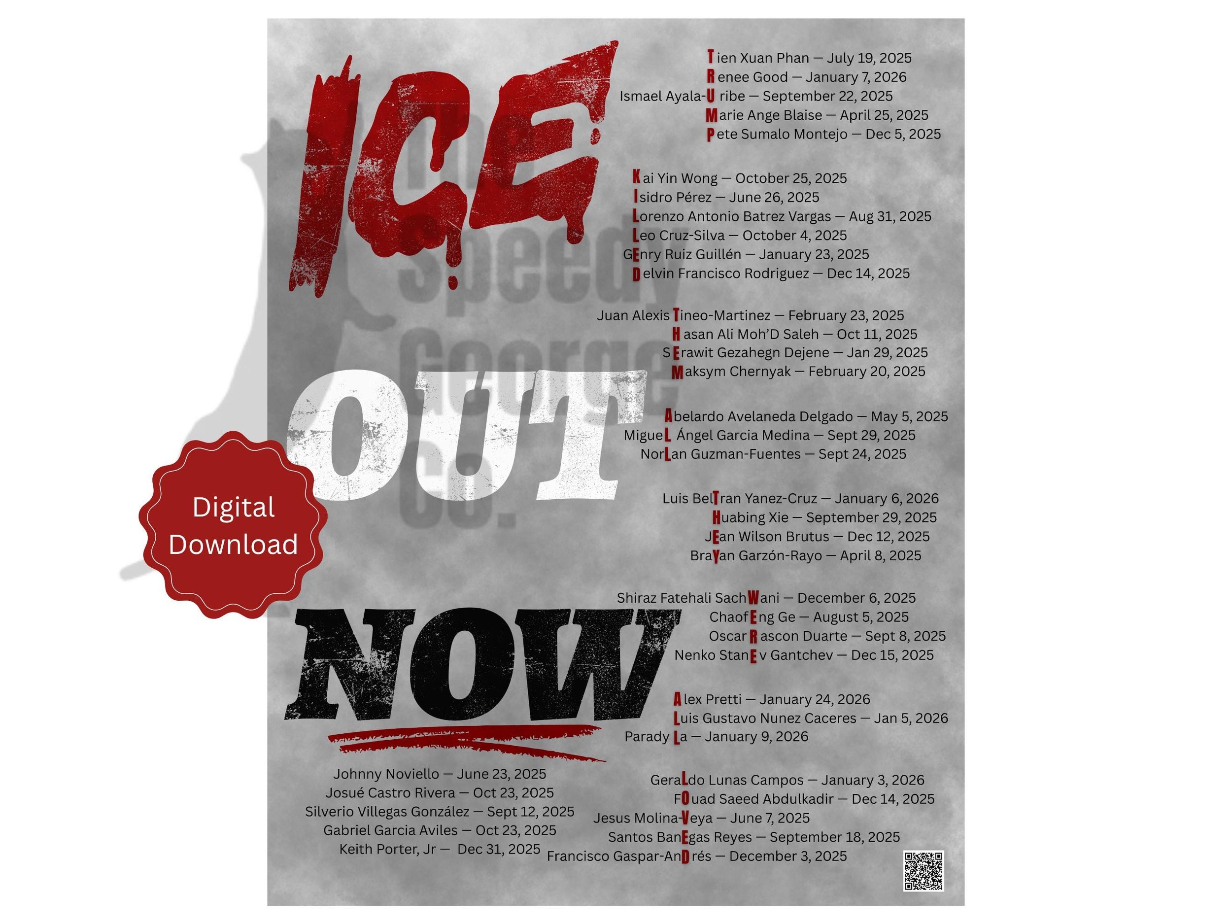 ICE Out Now memorial digital protest poster with list of deaths in ICE custody since 2025 – printable download for abolition and resistance