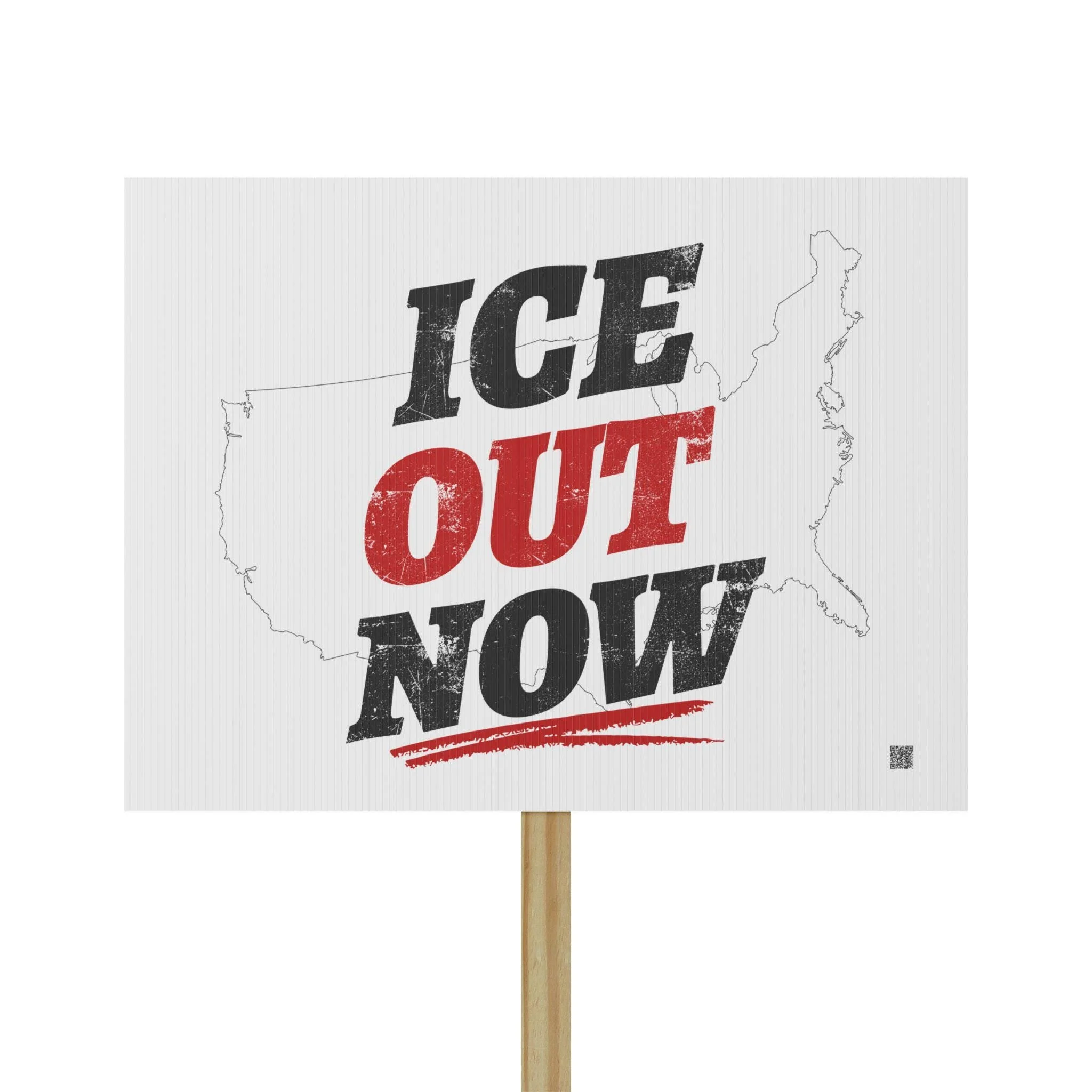 White ICE Out Now digital protest poster with bold black and red typography and U.S. outline – printable download