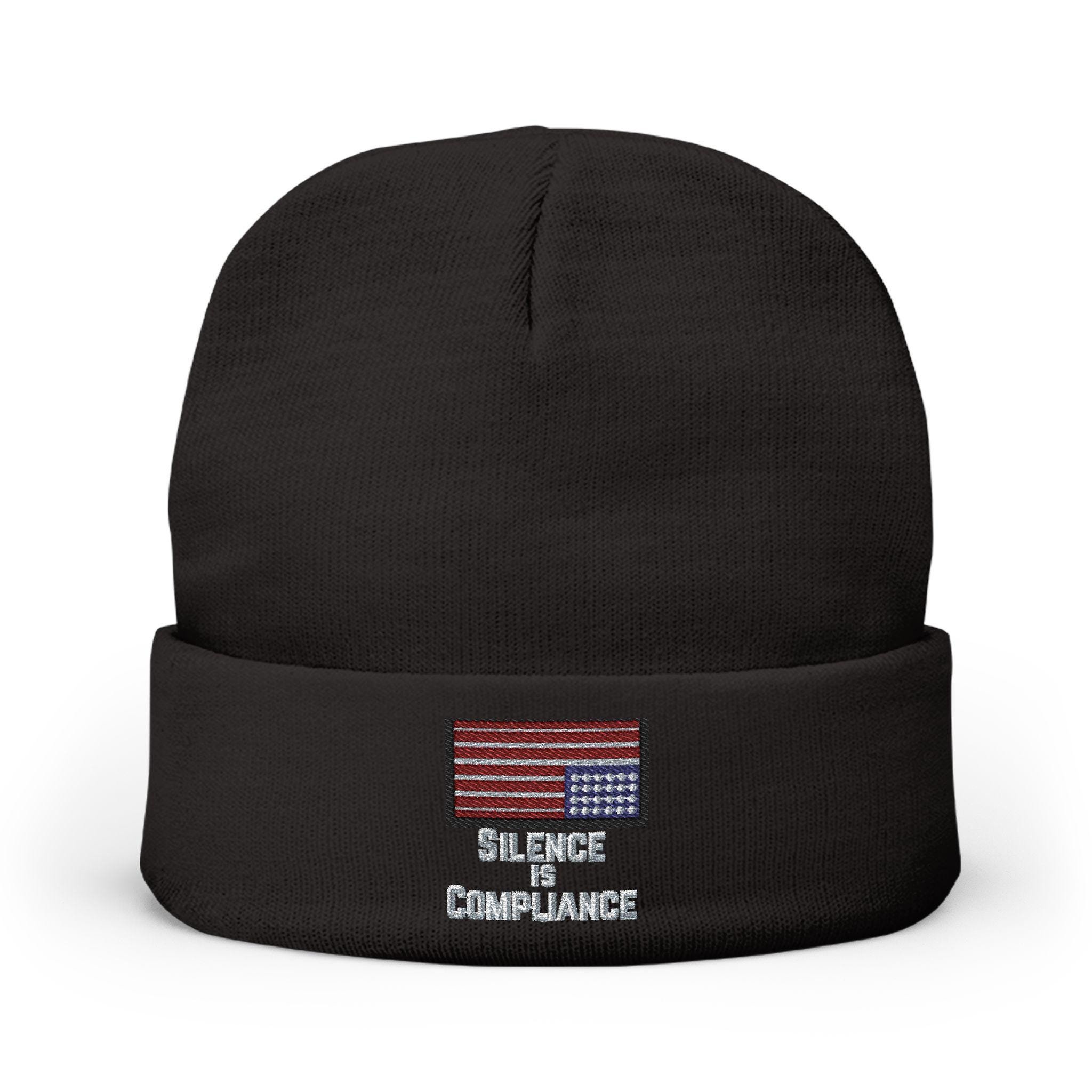 Black embroidered knit beanie with Silence is Compliance text and upside-down flag