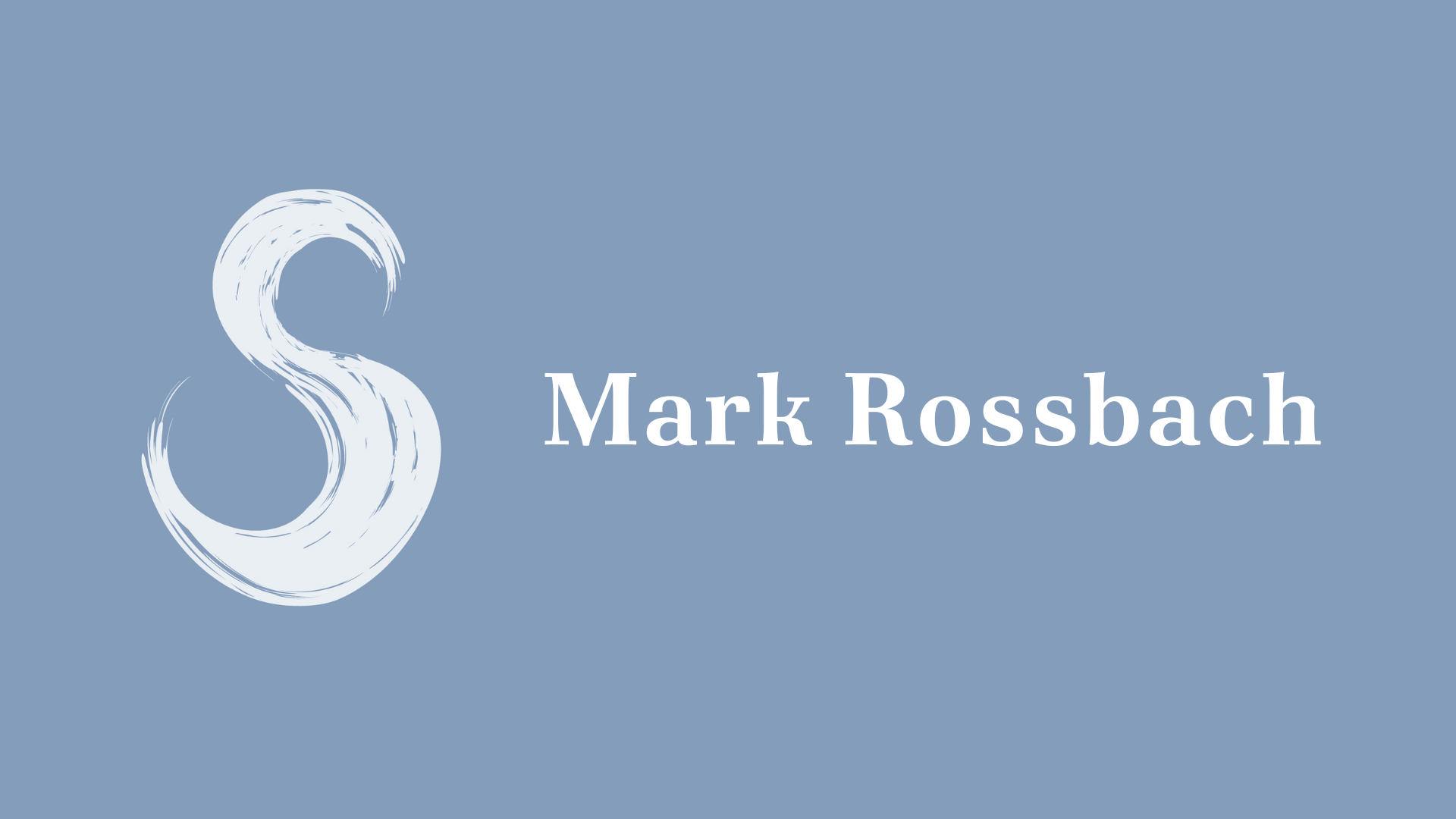 Imagem com fundo azul claro, contendo uma grande letra 'S' estilizada em branco e o nome 'Mark Rossbach' ao lado.